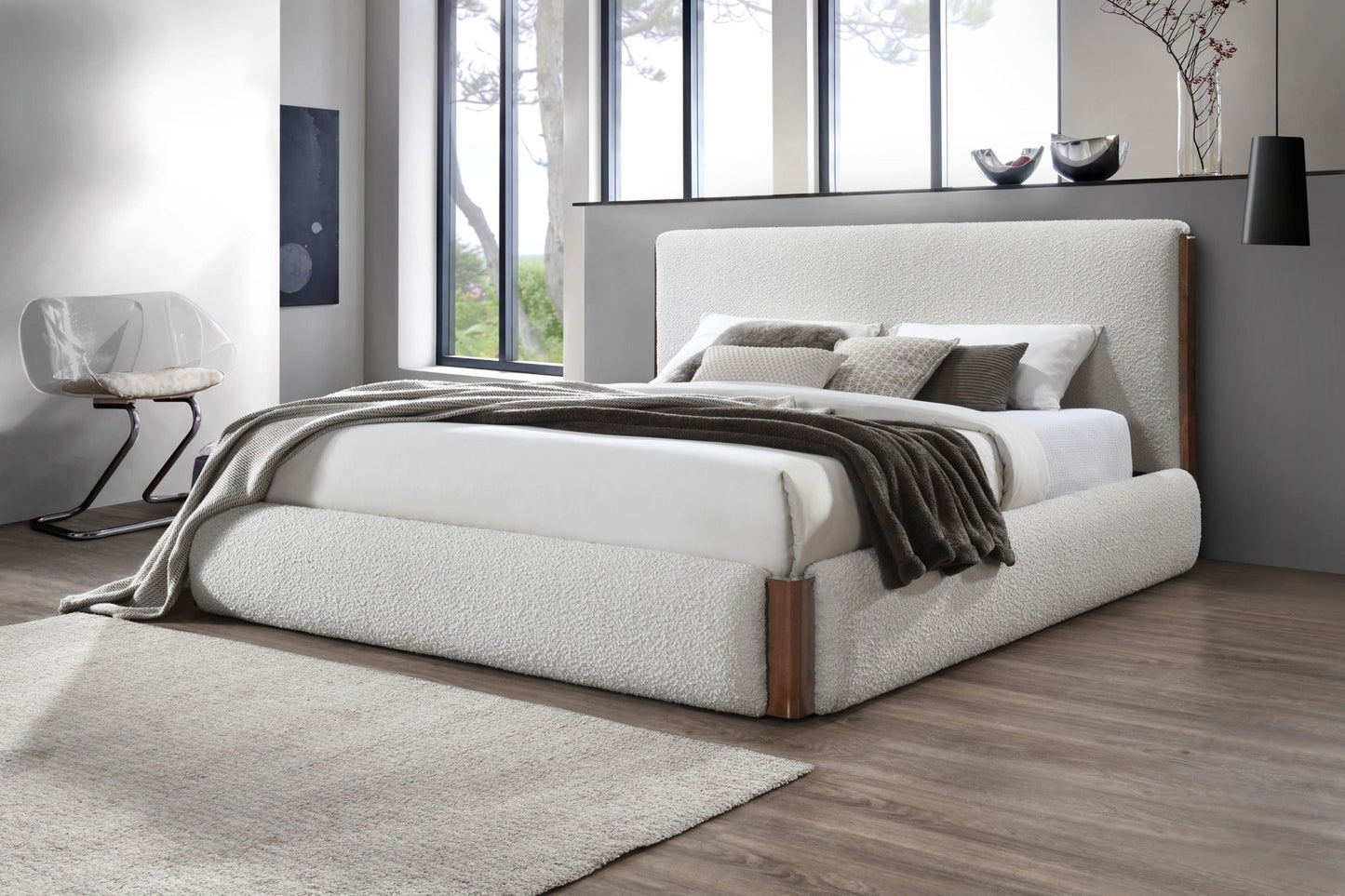 Sandro White Boucle & Walnut Finish EK Bed - 1st Choice Furniture Direct