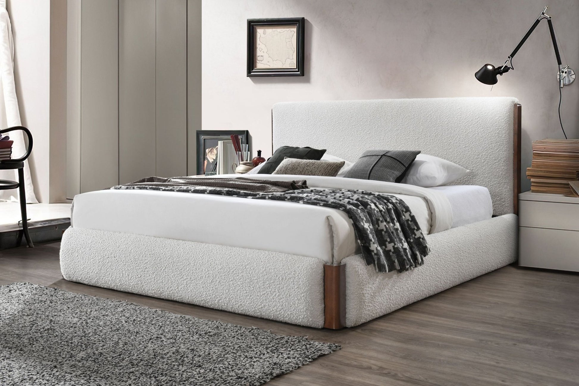 Sandro White Boucle & Walnut Finish EK Bed - 1st Choice Furniture Direct