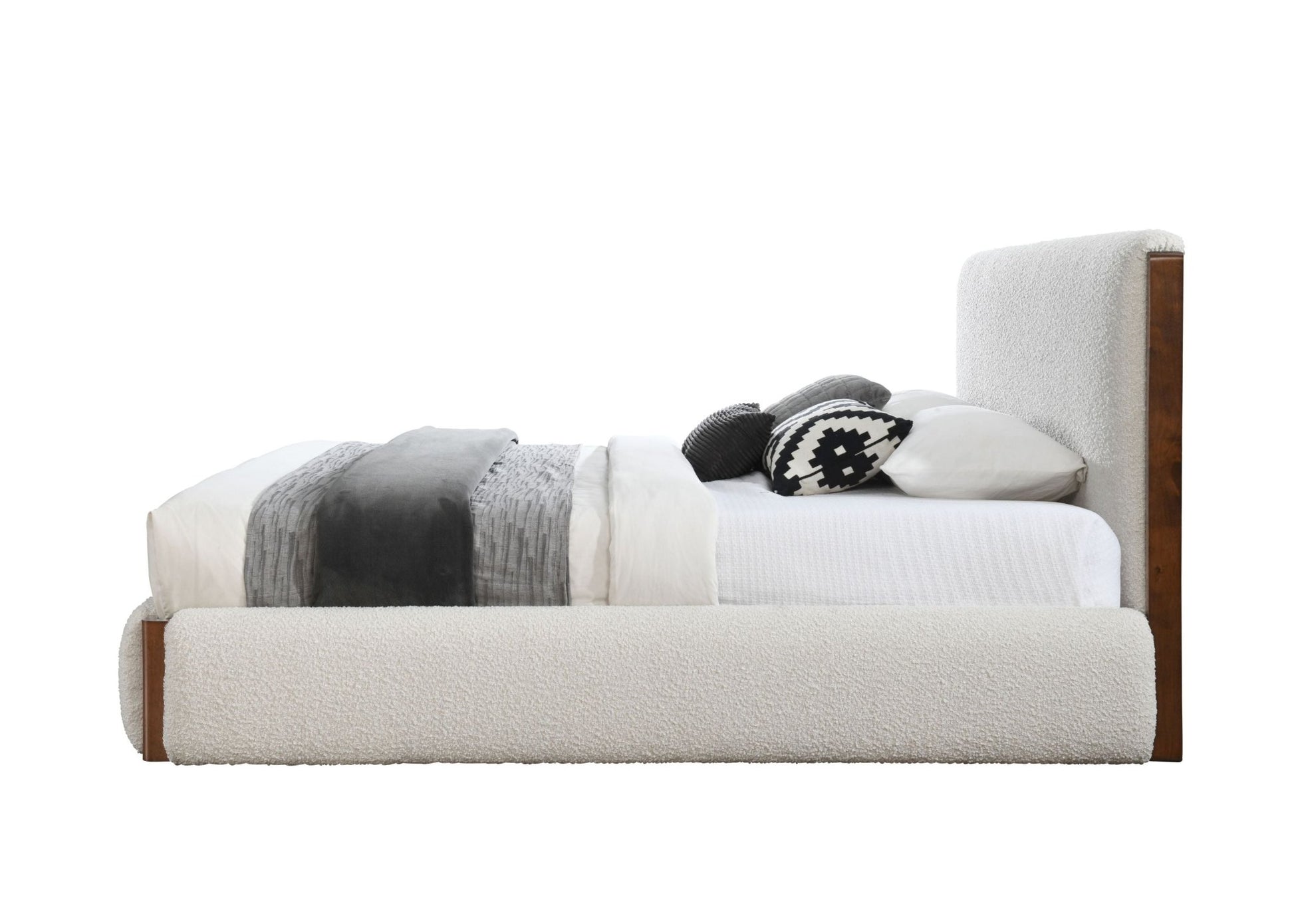 Sandro White Boucle & Walnut Finish EK Bed - 1st Choice Furniture Direct