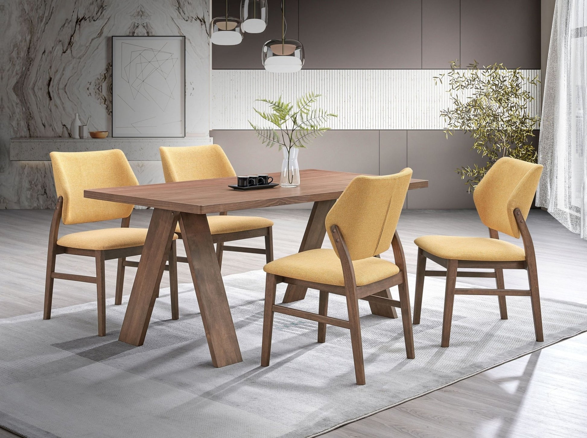 Sarha Mid-Century Modern 5-Piece Dining Set in Walnut Finish with Yellow Upholstered Chairs - 1st Choice Furniture Direct