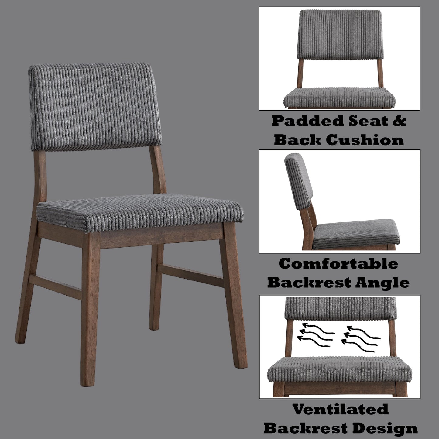 Seda Gray Corduroy & Walnut Finish Side Chair (Set of 2) - 1st Choice Furniture Direct