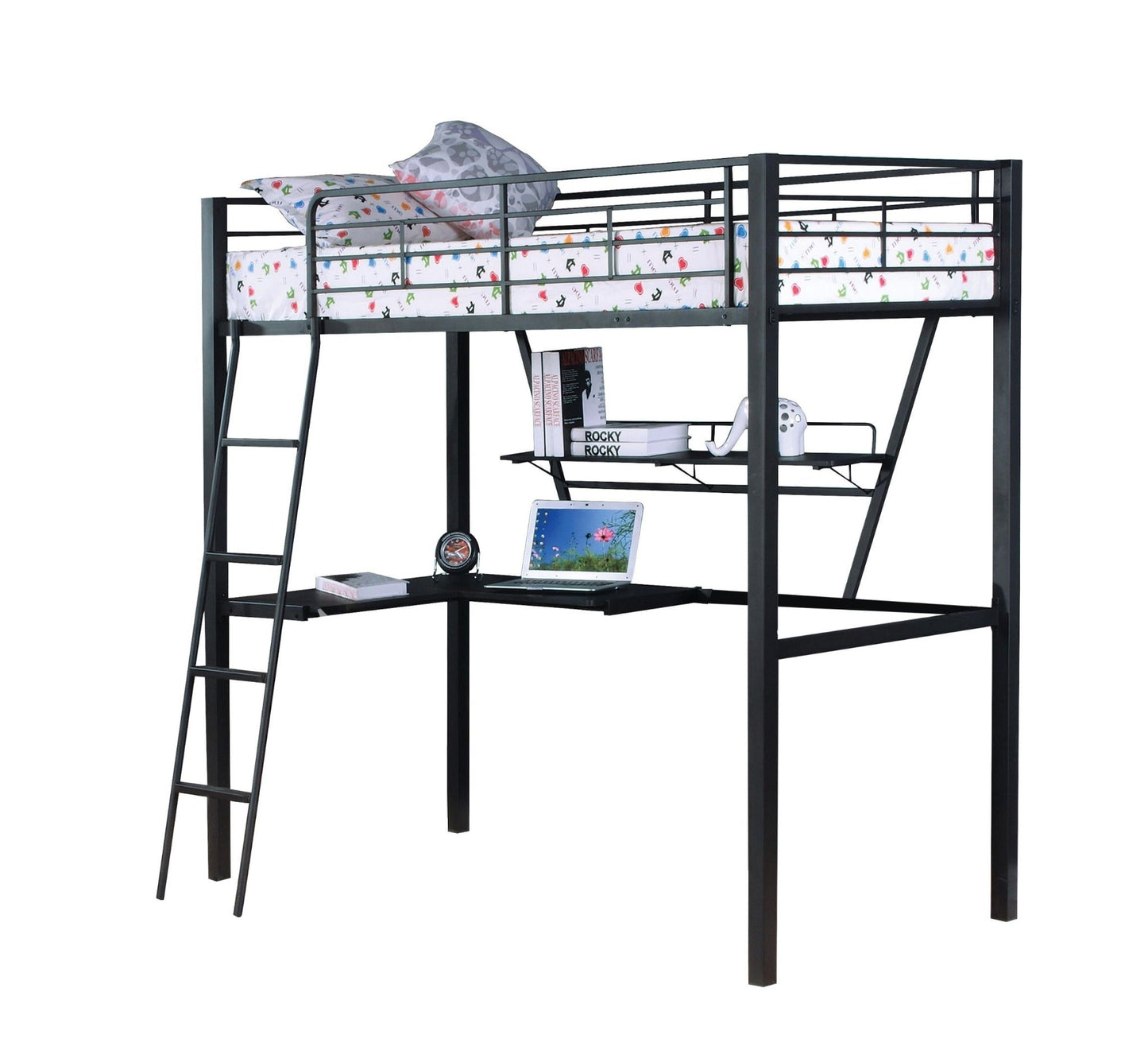 Senon Silver & Black Finish Twin Loft Bed W/Desk - 1st Choice Furniture Direct