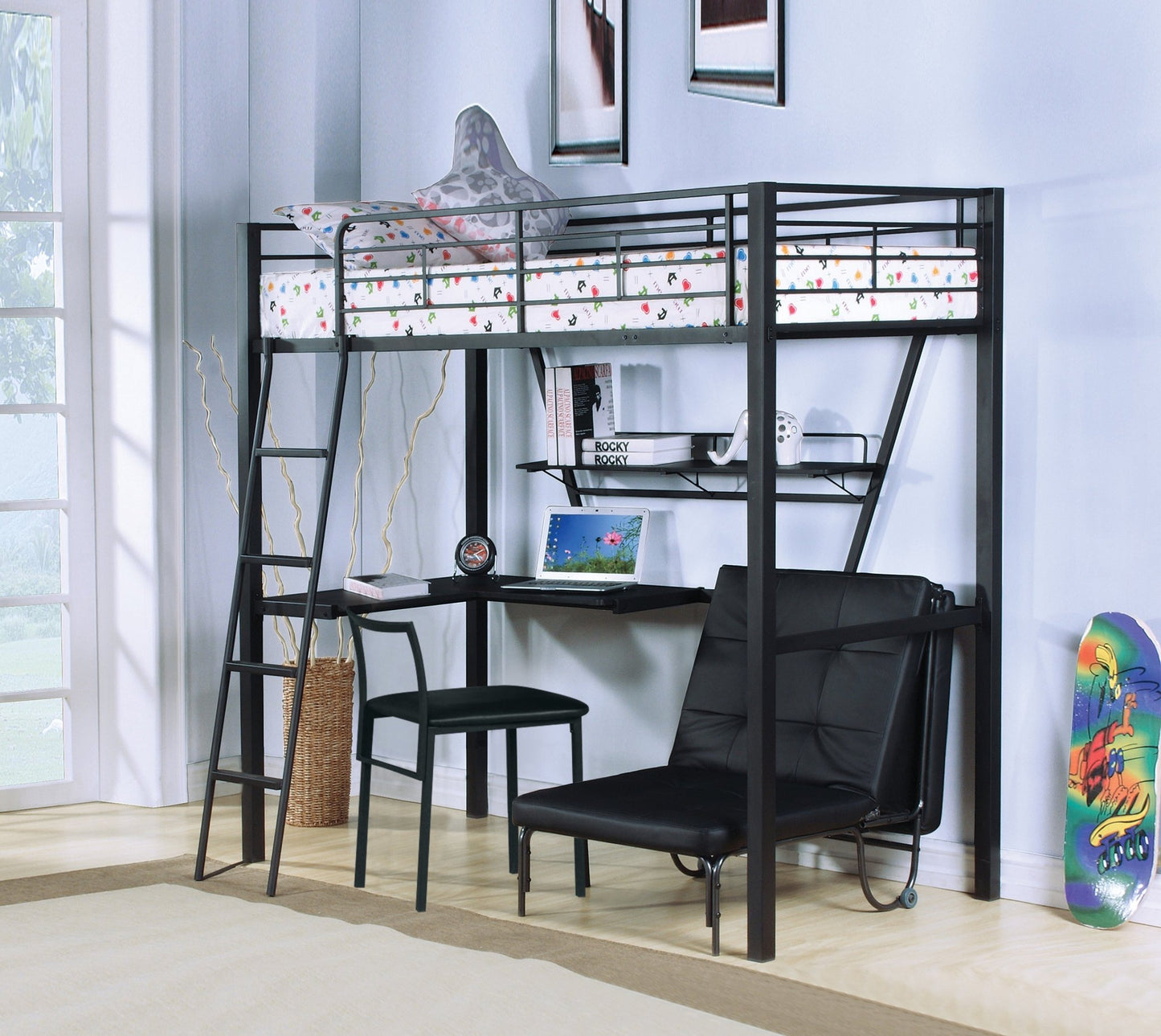Senon Silver & Black Finish Twin Loft Bed W/Desk - 1st Choice Furniture Direct