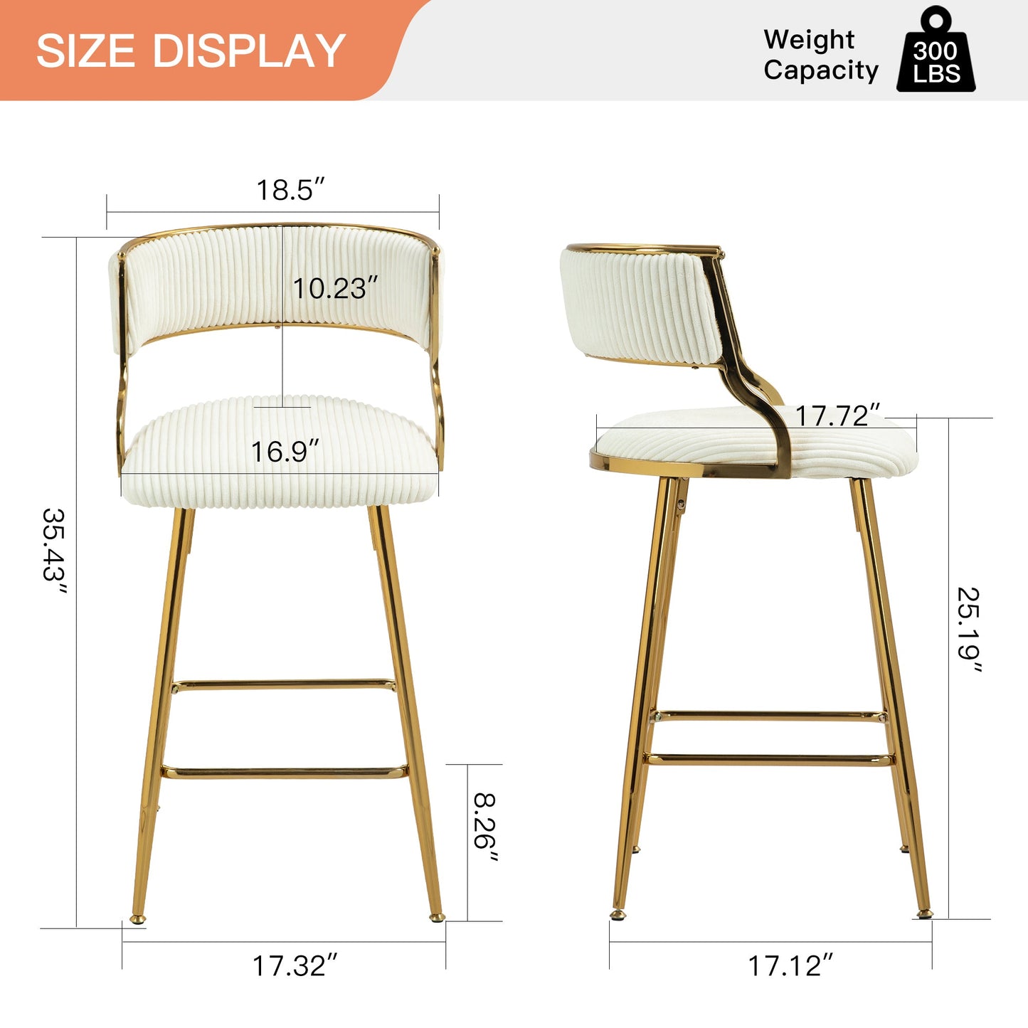 (SET of 2) 26'' Counter height bar stools Corduroy kitchen island counter bar stool with back,golden chromed base and footrest (BEIGE) - 1st Choice Furniture Direct
