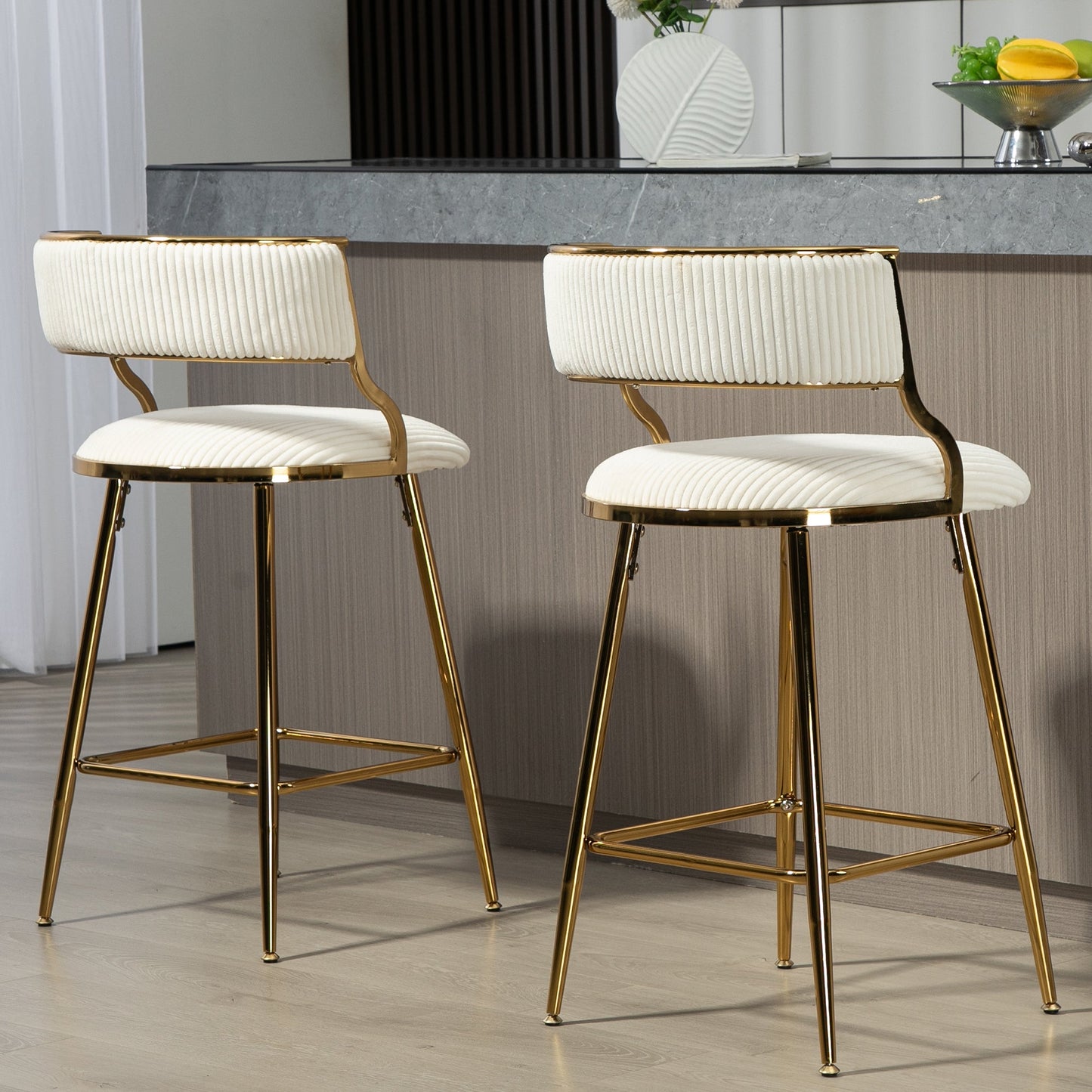 (SET of 2) 26'' Counter height bar stools Corduroy kitchen island counter bar stool with back,golden chromed base and footrest (BEIGE) - 1st Choice Furniture Direct