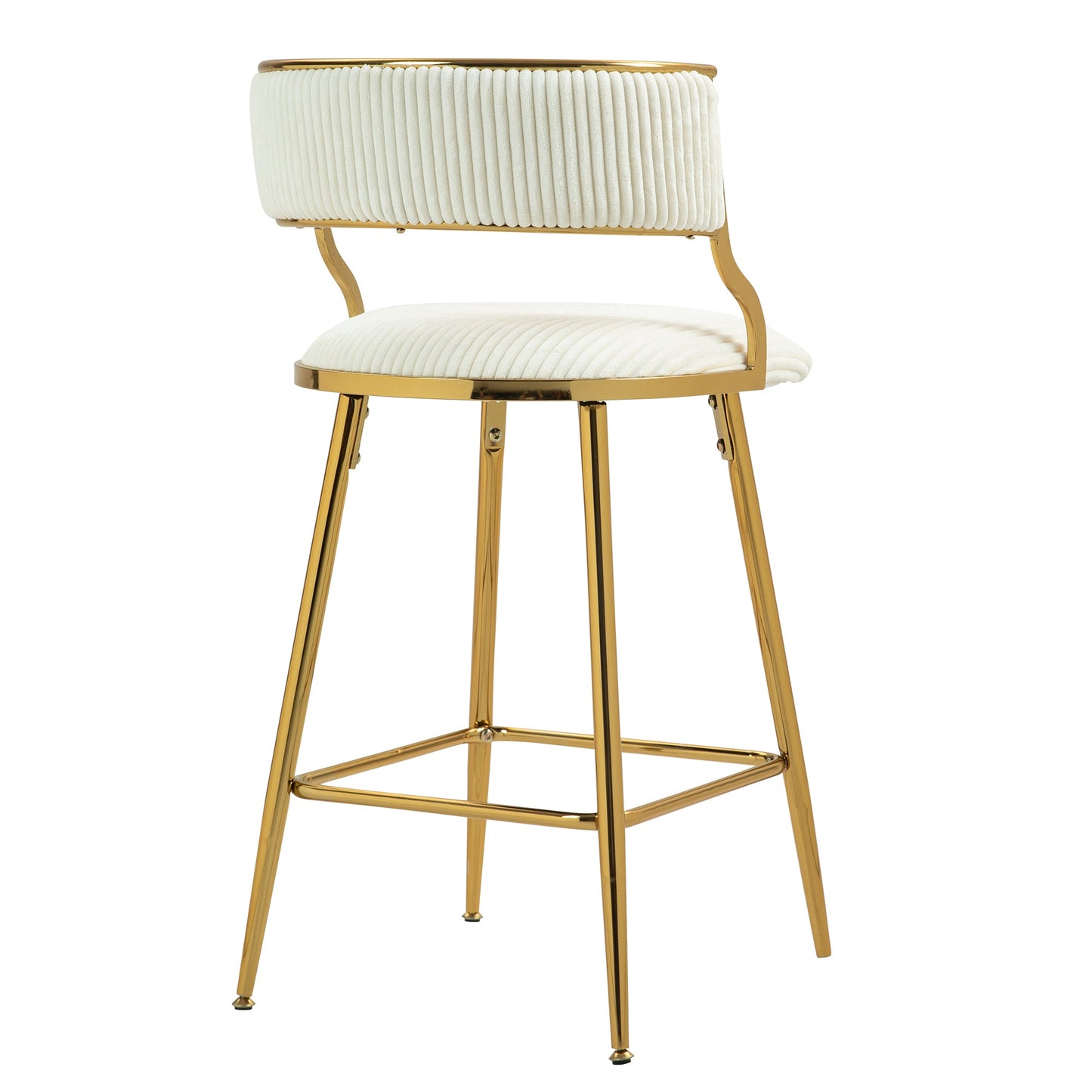 (SET of 2) 26'' Counter height bar stools Corduroy kitchen island counter bar stool with back,golden chromed base and footrest (BEIGE) - 1st Choice Furniture Direct