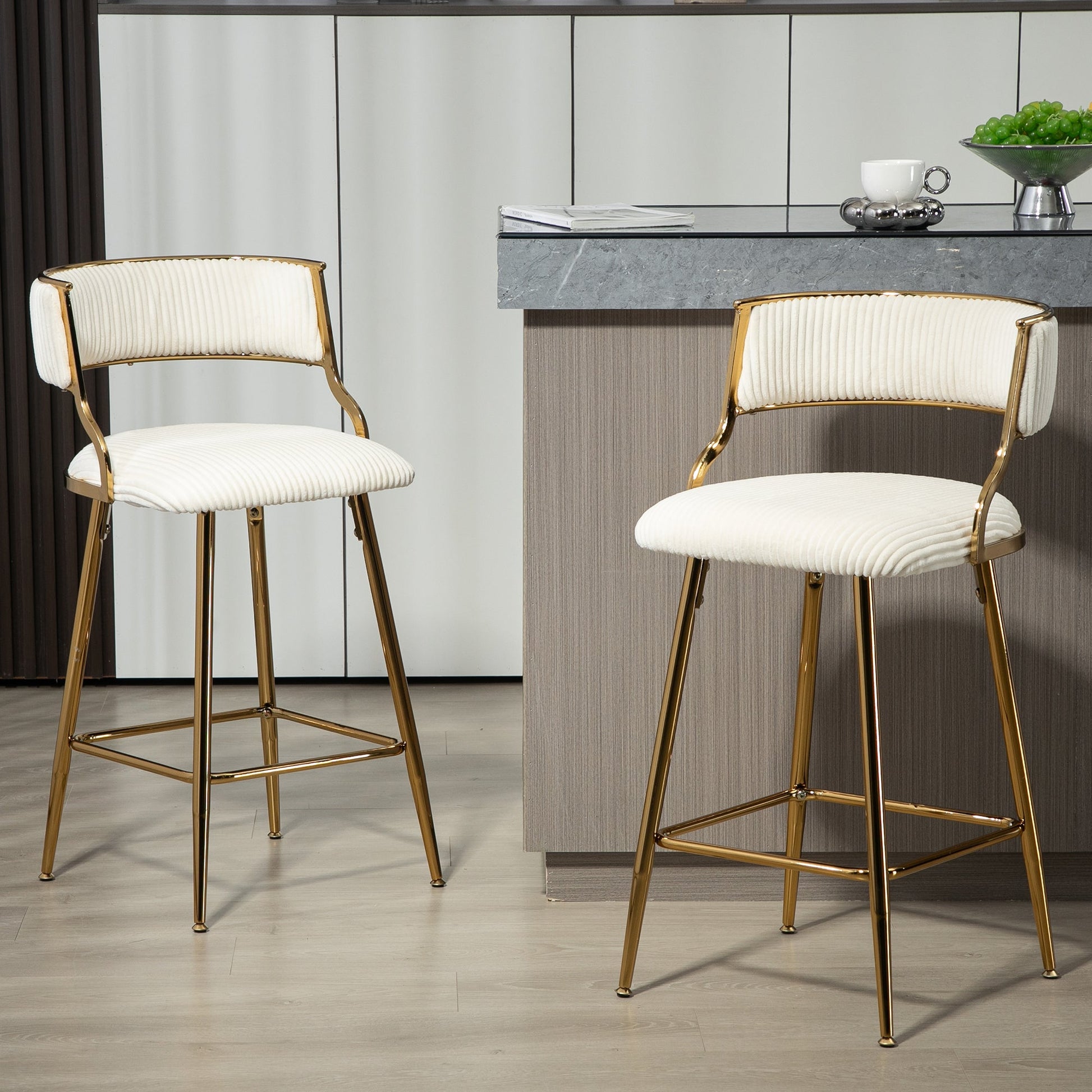 (SET of 2) 26'' Counter height bar stools Corduroy kitchen island counter bar stool with back,golden chromed base and footrest (BEIGE) - 1st Choice Furniture Direct