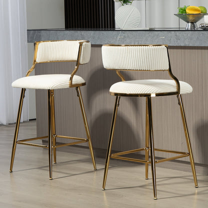 (SET of 2) 26'' Counter height bar stools Corduroy kitchen island counter bar stool with back,golden chromed base and footrest (BEIGE) - 1st Choice Furniture Direct