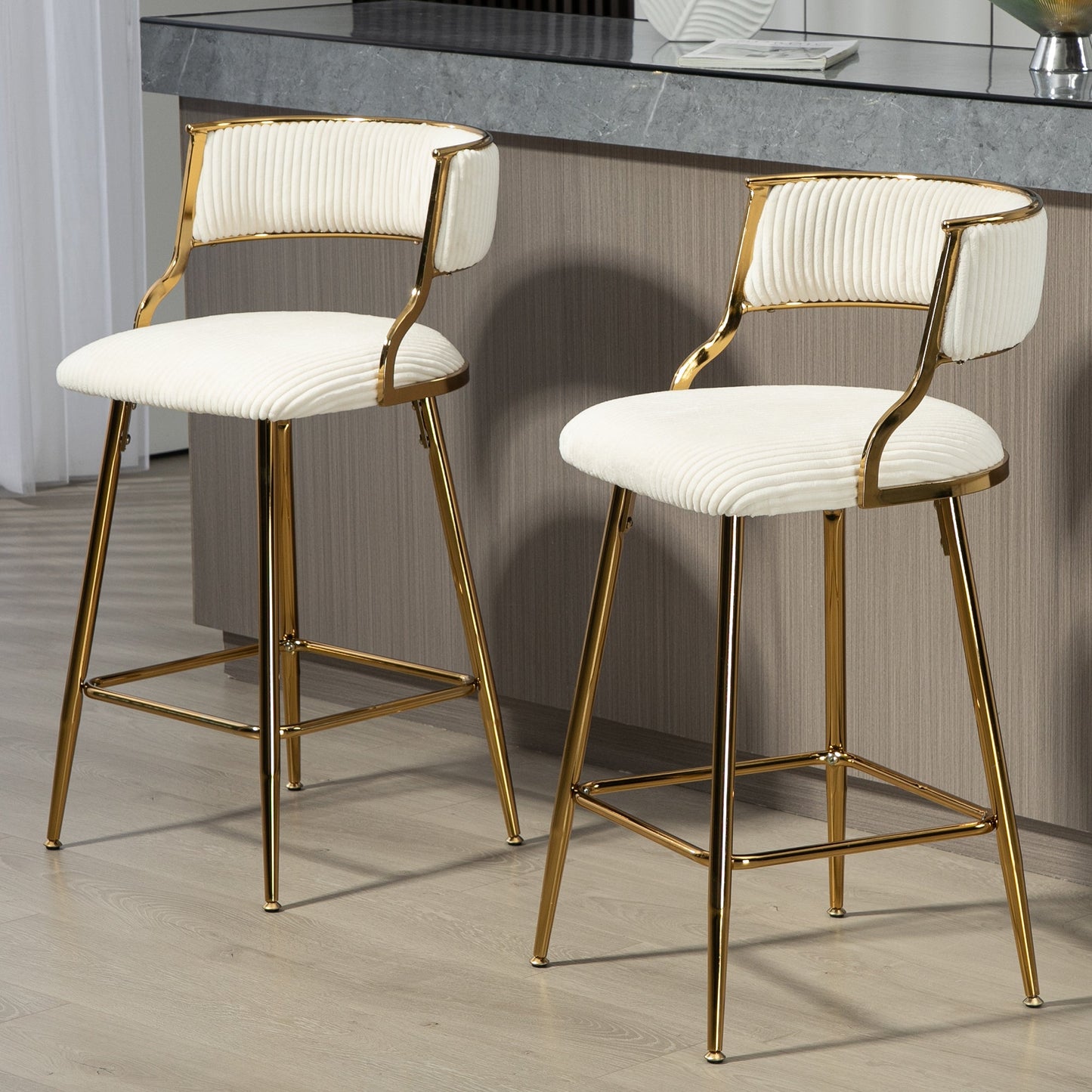 (SET of 2) 26'' Counter height bar stools Corduroy kitchen island counter bar stool with back,golden chromed base and footrest (BEIGE) - 1st Choice Furniture Direct