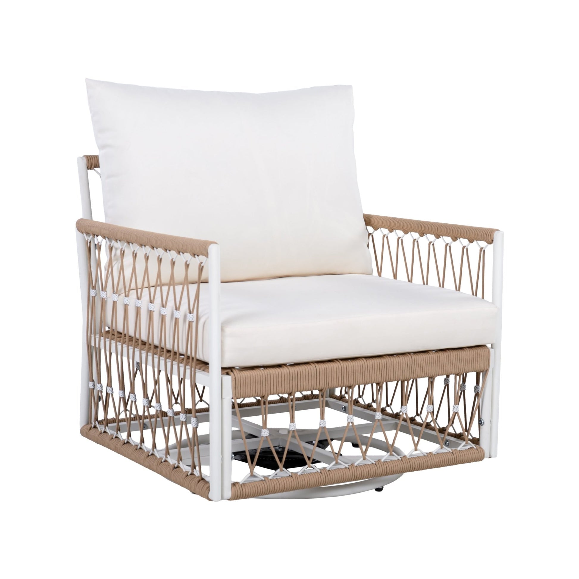 [Set of 2] 360° Swivel Bohemian Outdoor Lounge Chair with Handwoven Rope & Powder - Coated Steel Frame, Waterproof Cushions - Patio, Garden, Poolside - 1st Choice Furniture Direct