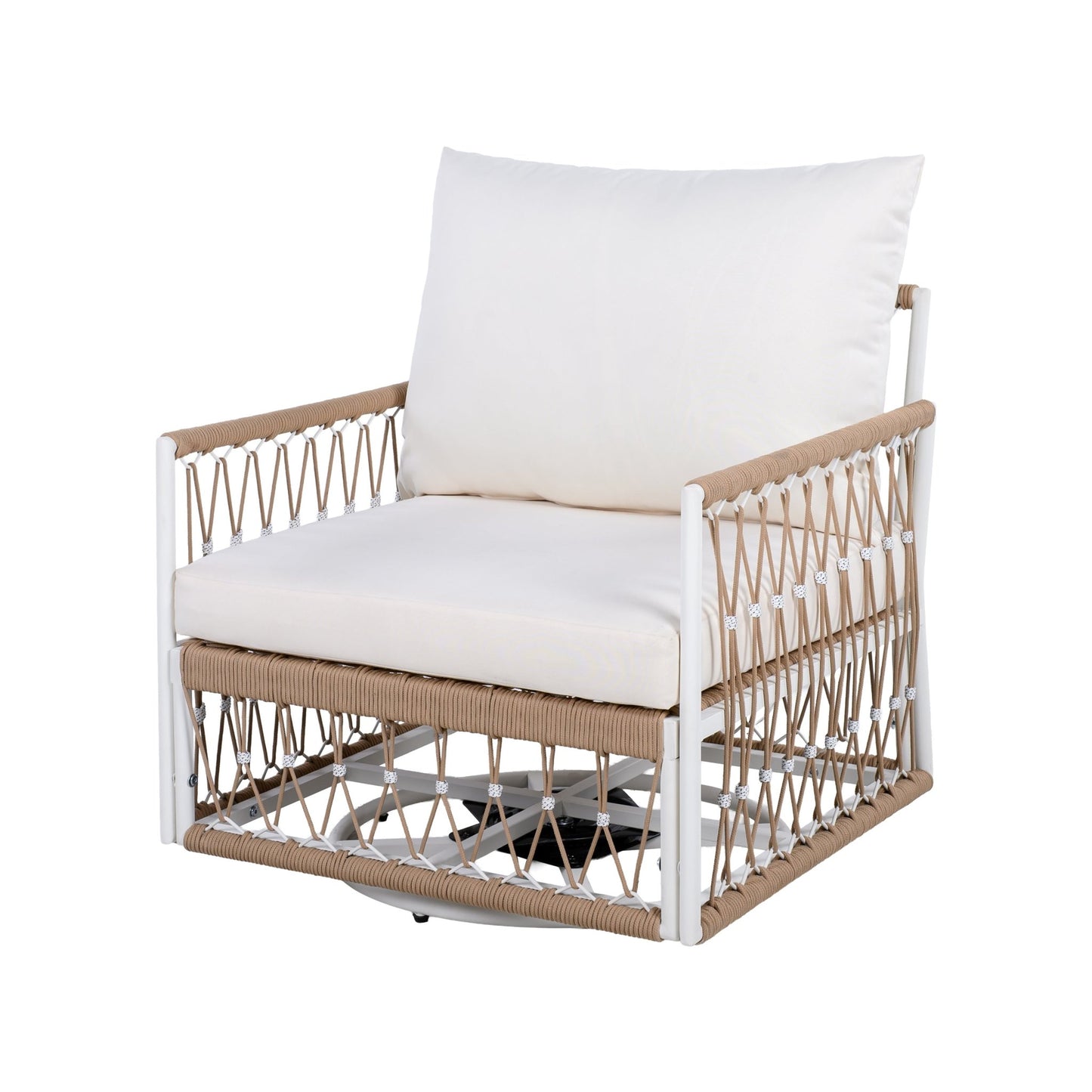 [Set of 2] 360° Swivel Bohemian Outdoor Lounge Chair with Handwoven Rope & Powder - Coated Steel Frame, Waterproof Cushions - Patio, Garden, Poolside - 1st Choice Furniture Direct
