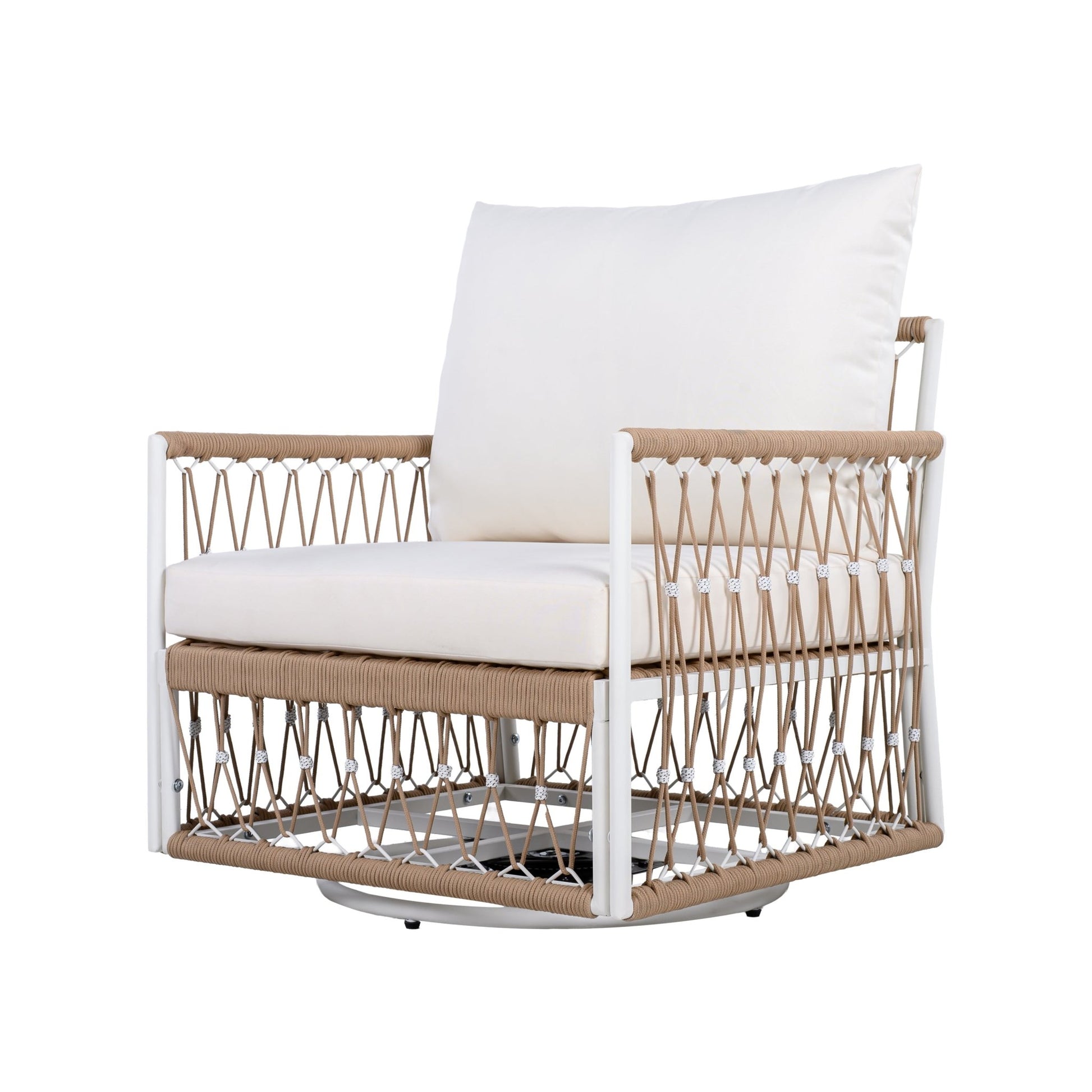 [Set of 2] 360° Swivel Bohemian Outdoor Lounge Chair with Handwoven Rope & Powder - Coated Steel Frame, Waterproof Cushions - Patio, Garden, Poolside - 1st Choice Furniture Direct