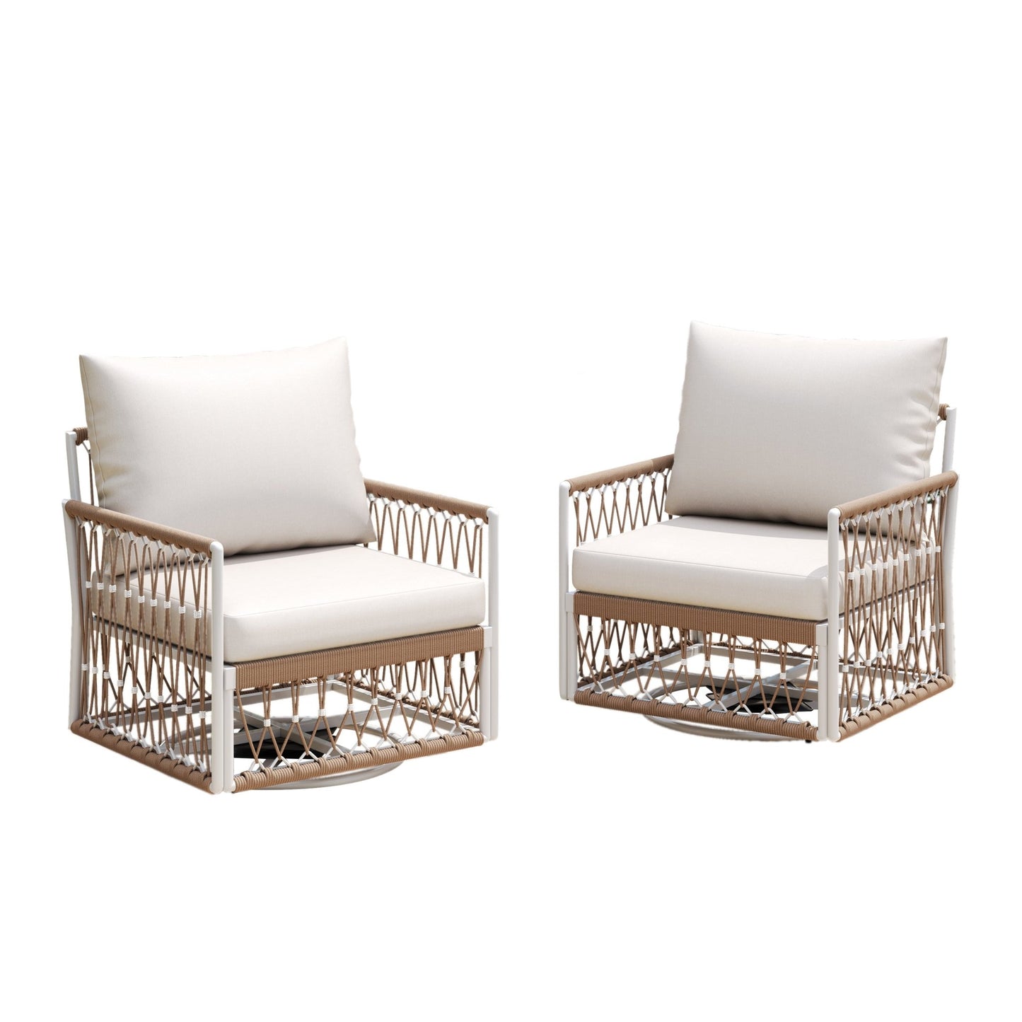 [Set of 2] 360° Swivel Bohemian Outdoor Lounge Chair with Handwoven Rope & Powder - Coated Steel Frame, Waterproof Cushions - Patio, Garden, Poolside - 1st Choice Furniture Direct