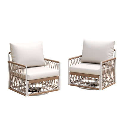 [Set of 2] 360° Swivel Bohemian Outdoor Lounge Chair with Handwoven Rope & Powder - Coated Steel Frame, Waterproof Cushions - Patio, Garden, Poolside - 1st Choice Furniture Direct