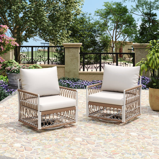 [Set of 2] 360° Swivel Bohemian Outdoor Lounge Chair with Handwoven Rope & Powder - Coated Steel Frame, Waterproof Cushions - Patio, Garden, Poolside - 1st Choice Furniture Direct