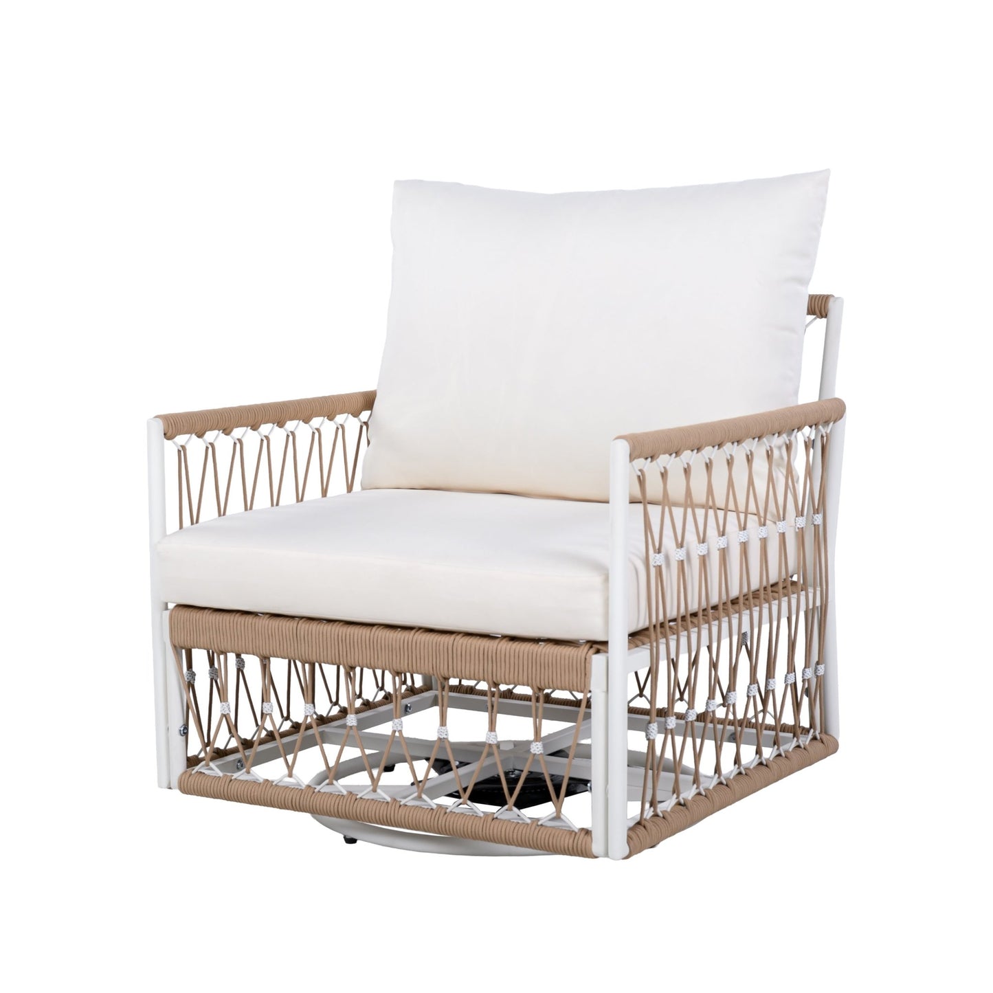 [Set of 2] 360° Swivel Bohemian Outdoor Lounge Chair with Handwoven Rope & Powder - Coated Steel Frame, Waterproof Cushions - Patio, Garden, Poolside - 1st Choice Furniture Direct