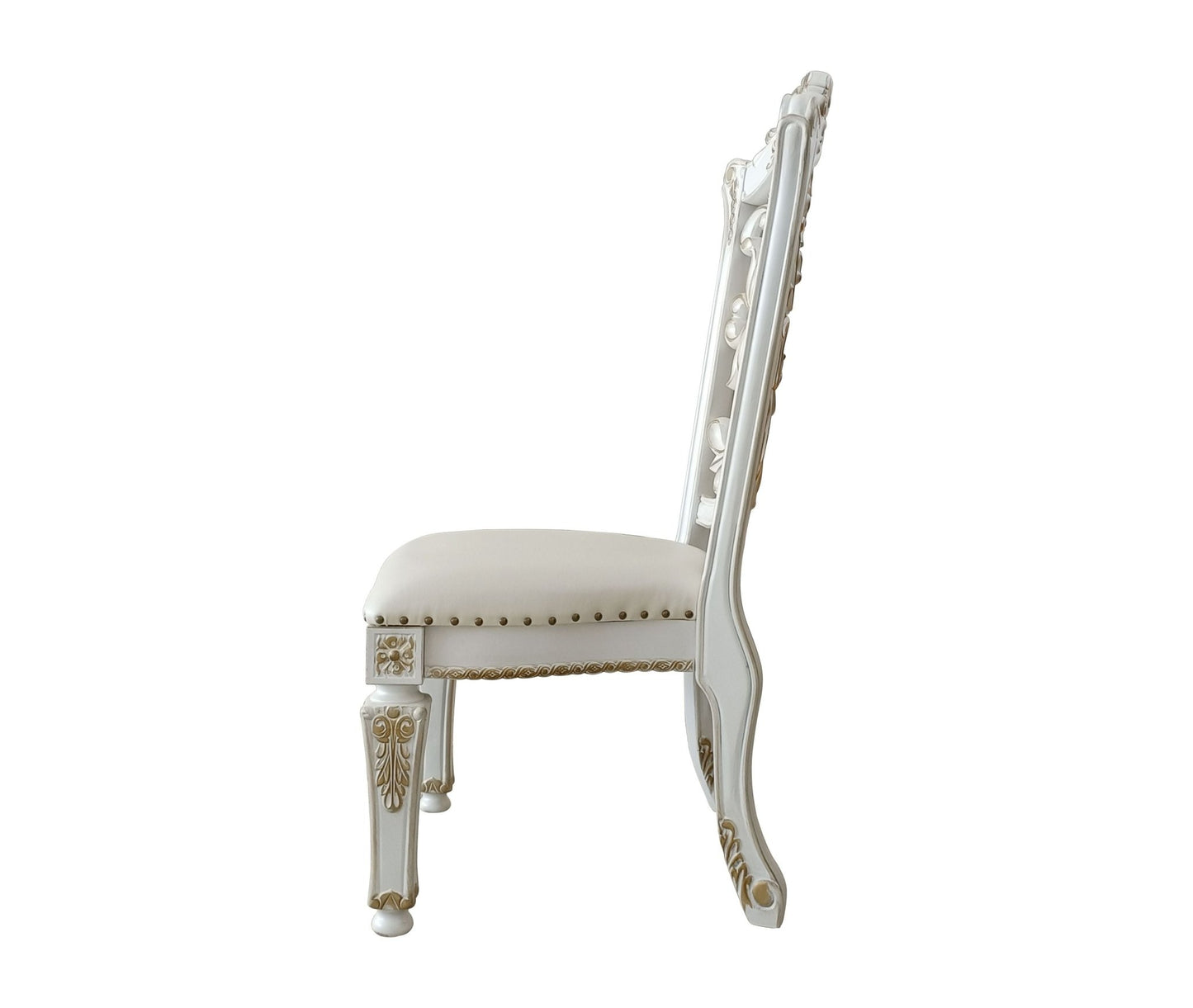 Set of 2 Antique White Faux Leather Dining Chairs with Floral Carved Back - 1st Choice Furniture Direct