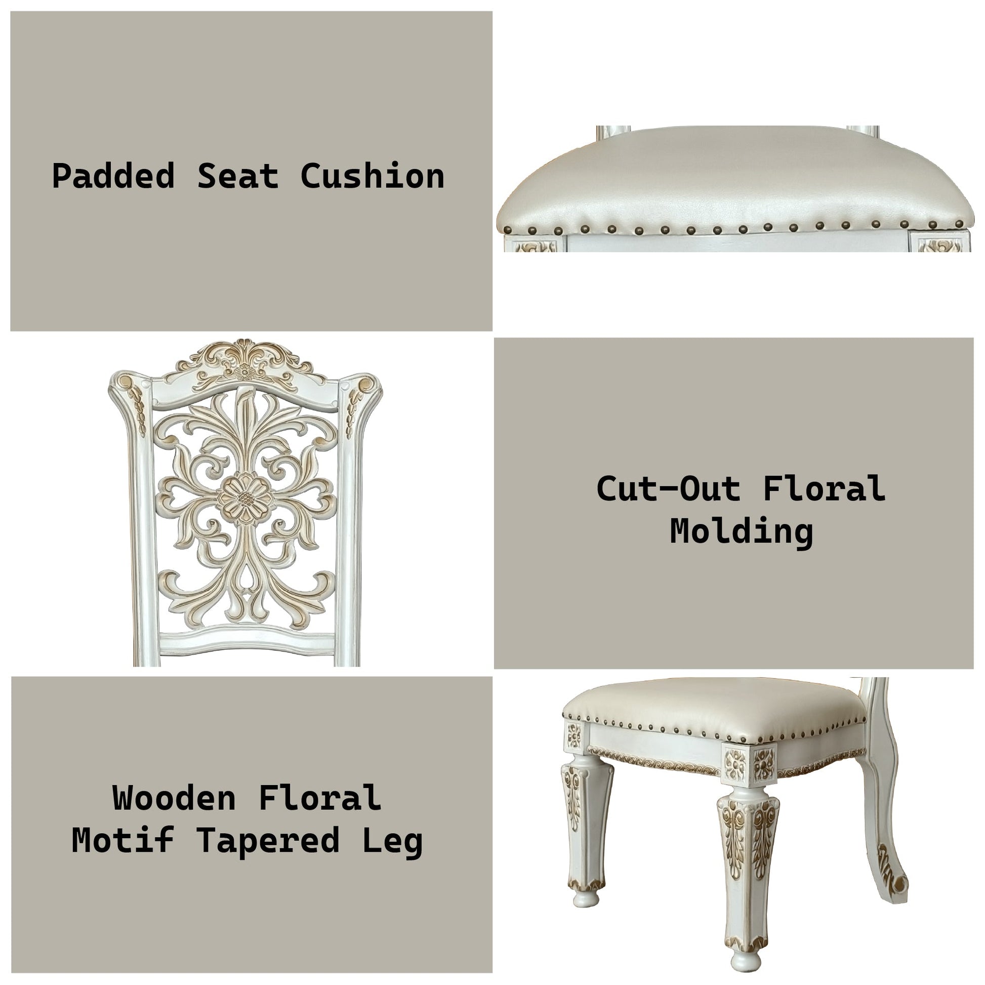 Set of 2 Antique White Faux Leather Dining Chairs with Floral Carved Back - 1st Choice Furniture Direct