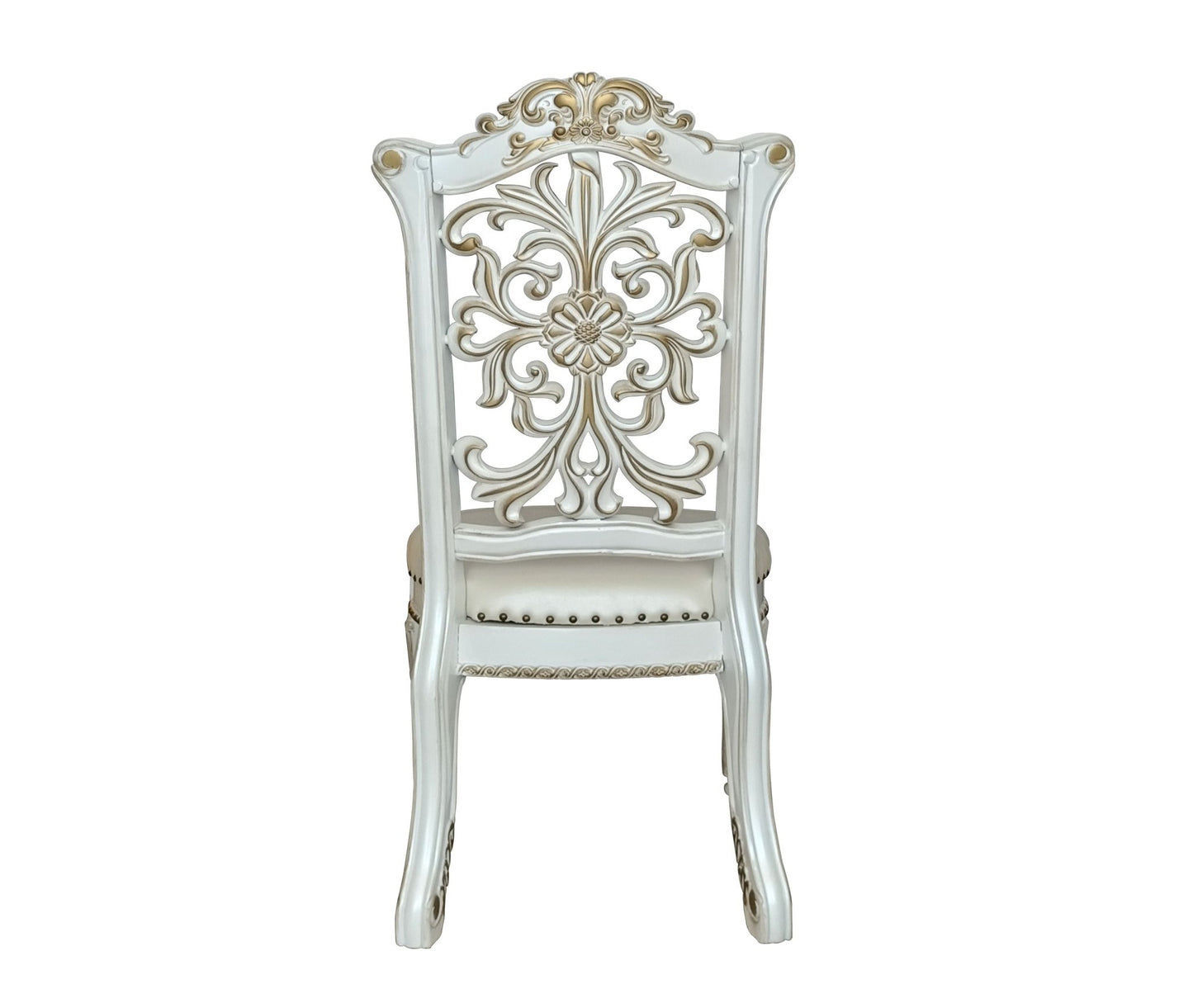 Set of 2 Antique White Faux Leather Dining Chairs with Floral Carved Back - 1st Choice Furniture Direct