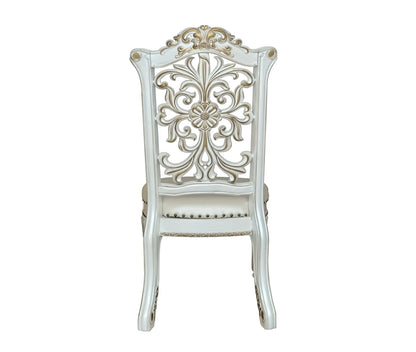 Set of 2 Antique White Faux Leather Dining Chairs with Floral Carved Back - 1st Choice Furniture Direct
