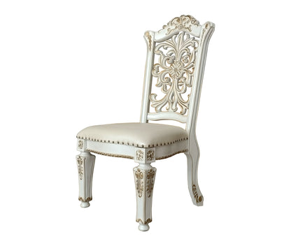 Set of 2 Antique White Faux Leather Dining Chairs with Floral Carved Back - 1st Choice Furniture Direct
