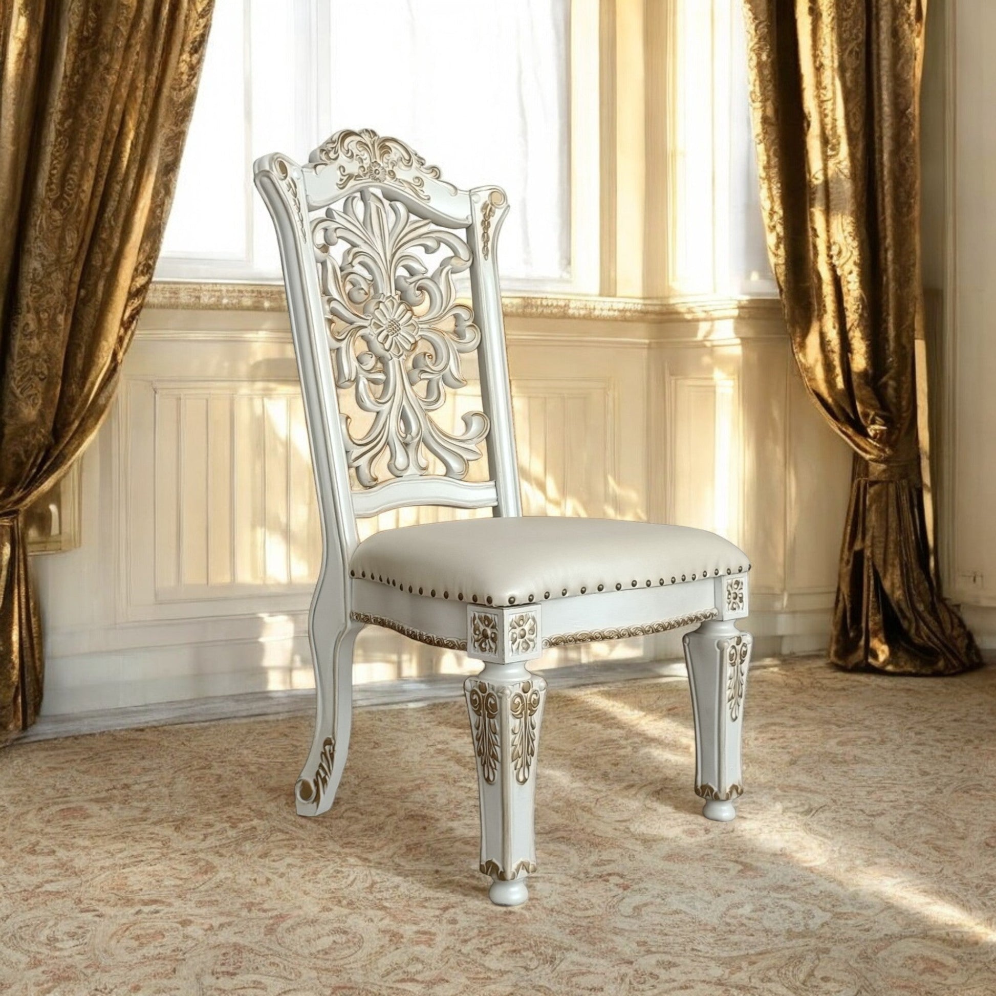 Set of 2 Antique White Faux Leather Dining Chairs with Floral Carved Back - 1st Choice Furniture Direct
