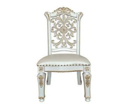 Set of 2 Antique White Faux Leather Dining Chairs with Floral Carved Back - 1st Choice Furniture Direct
