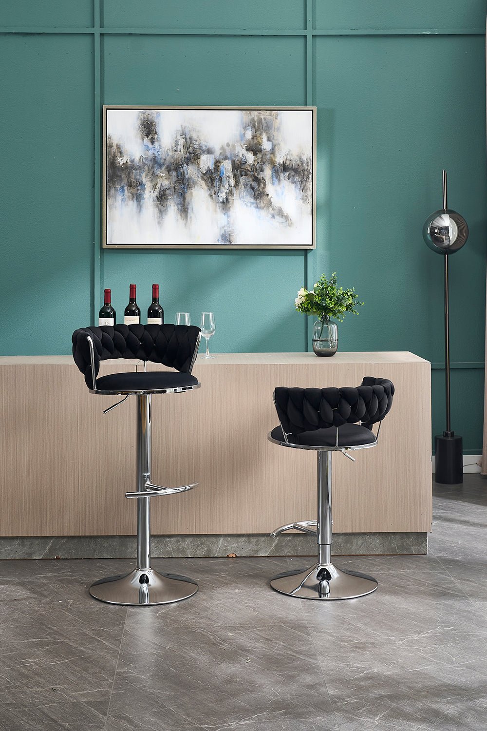 Set of 2 Bar Stools,with Chrome Footrest and Base Swivel Height Adjustable Mechanical Lifting Velvet + Chrome Leg Simple Bar Stool - BLACK - 1st Choice Furniture Direct