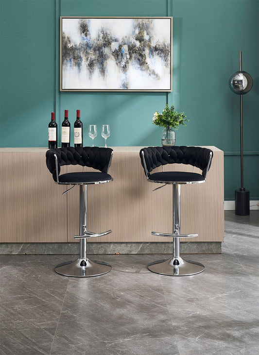 Set of 2 Bar Stools,with Chrome Footrest and Base Swivel Height Adjustable Mechanical Lifting Velvet + Chrome Leg Simple Bar Stool - BLACK - 1st Choice Furniture Direct