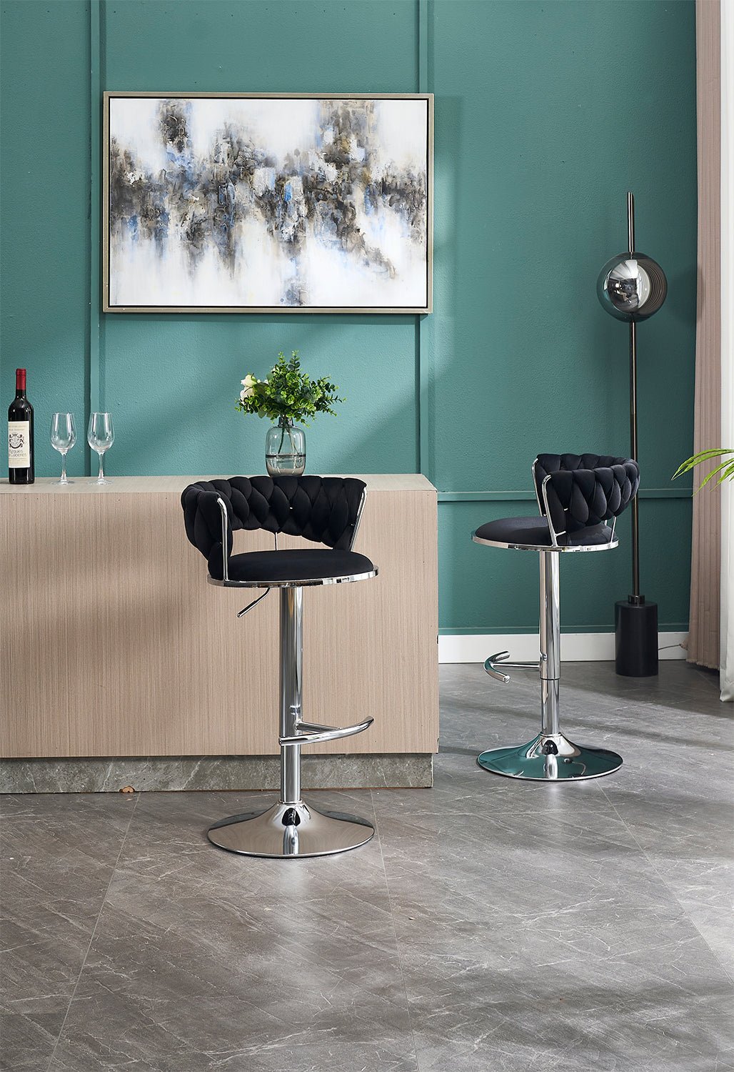 Set of 2 Bar Stools,with Chrome Footrest and Base Swivel Height Adjustable Mechanical Lifting Velvet + Chrome Leg Simple Bar Stool - BLACK - 1st Choice Furniture Direct