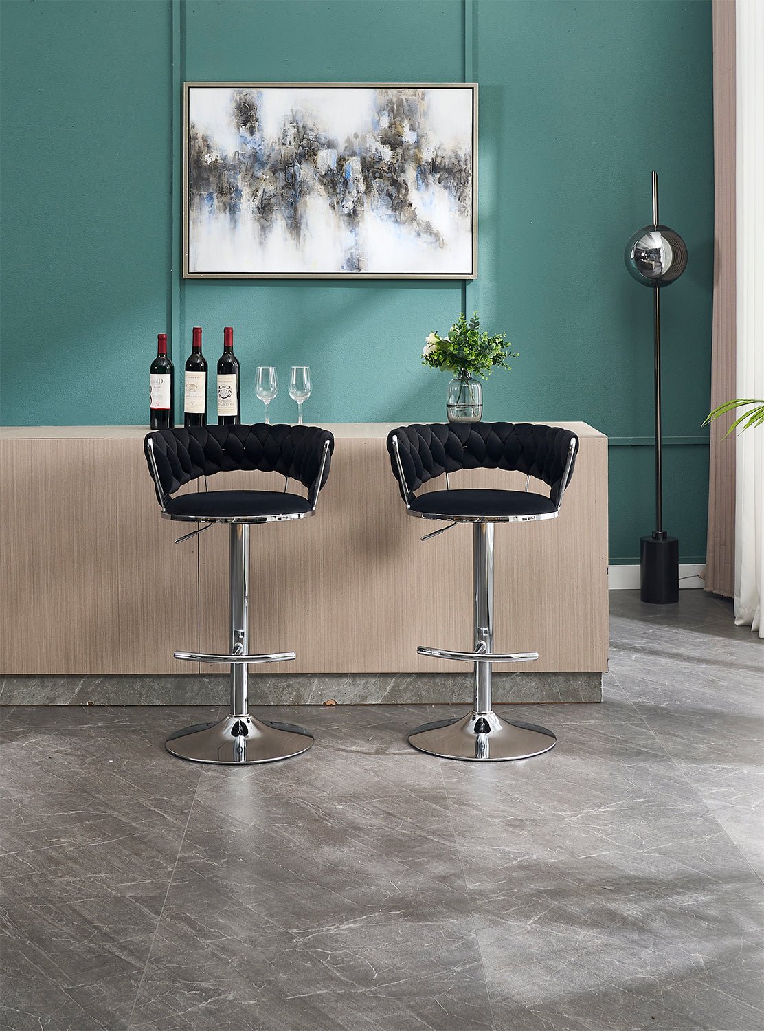 Set of 2 Bar Stools,with Chrome Footrest and Base Swivel Height Adjustable Mechanical Lifting Velvet + Chrome Leg Simple Bar Stool - BLACK - 1st Choice Furniture Direct