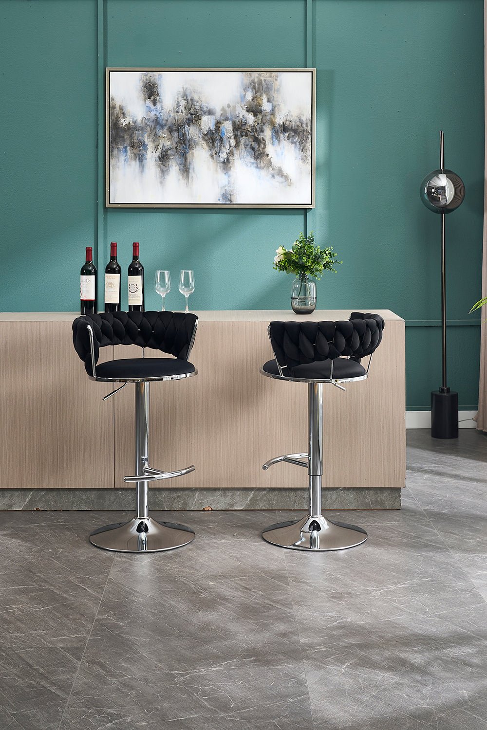 Set of 2 Bar Stools,with Chrome Footrest and Base Swivel Height Adjustable Mechanical Lifting Velvet + Chrome Leg Simple Bar Stool - BLACK - 1st Choice Furniture Direct