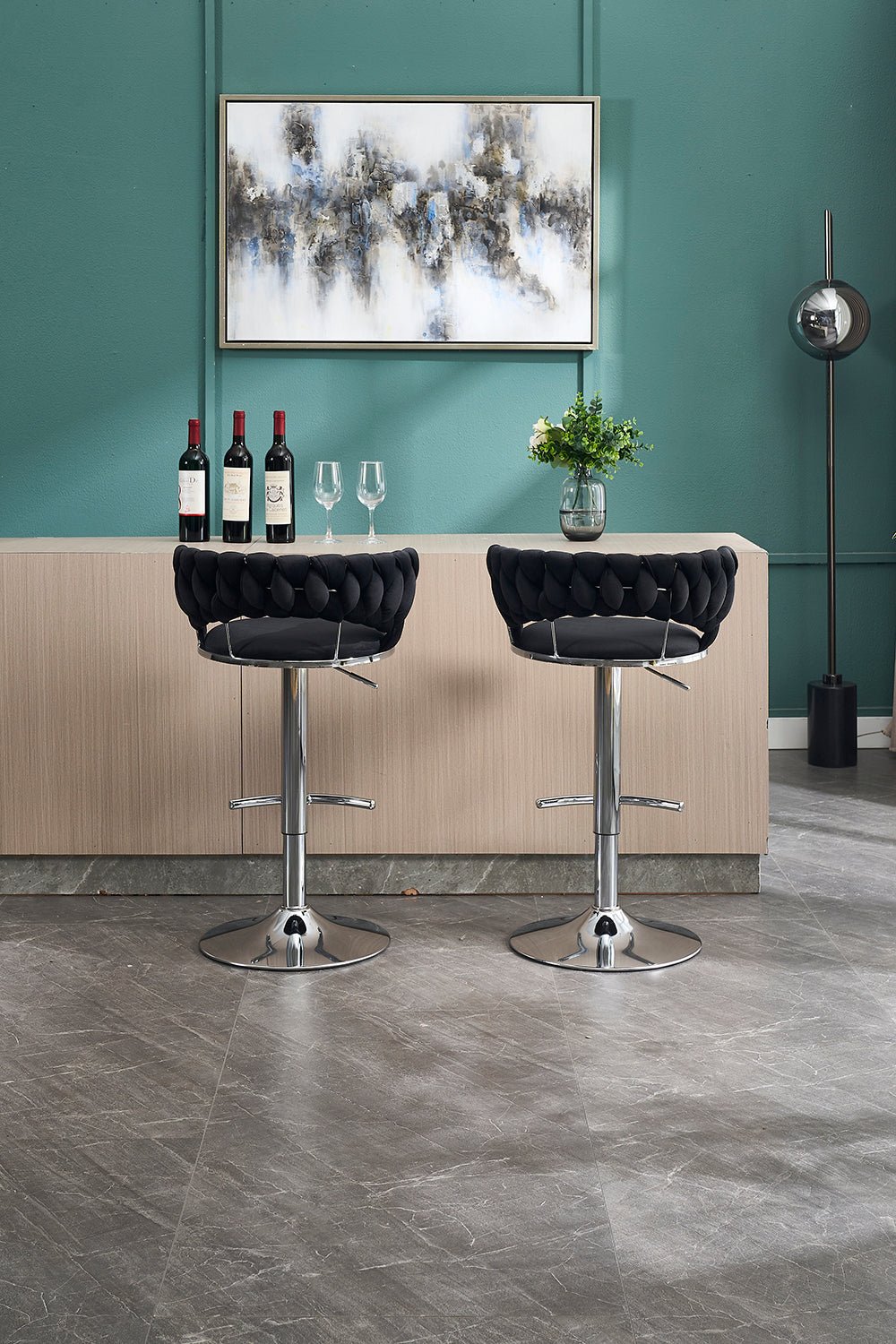 Set of 2 Bar Stools,with Chrome Footrest and Base Swivel Height Adjustable Mechanical Lifting Velvet + Chrome Leg Simple Bar Stool - BLACK - 1st Choice Furniture Direct