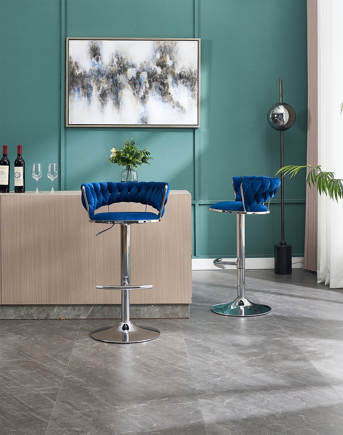 Set of 2 Bar Stools,with Chrome Footrest and Base Swivel Height Adjustable Mechanical Lifting Velvet + Chrome Leg Simple Bar Stool - BLUE - 1st Choice Furniture Direct