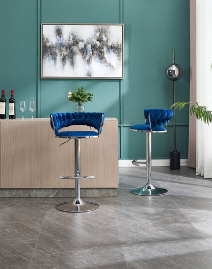 Set of 2 Bar Stools,with Chrome Footrest and Base Swivel Height Adjustable Mechanical Lifting Velvet + Chrome Leg Simple Bar Stool - BLUE - 1st Choice Furniture Direct