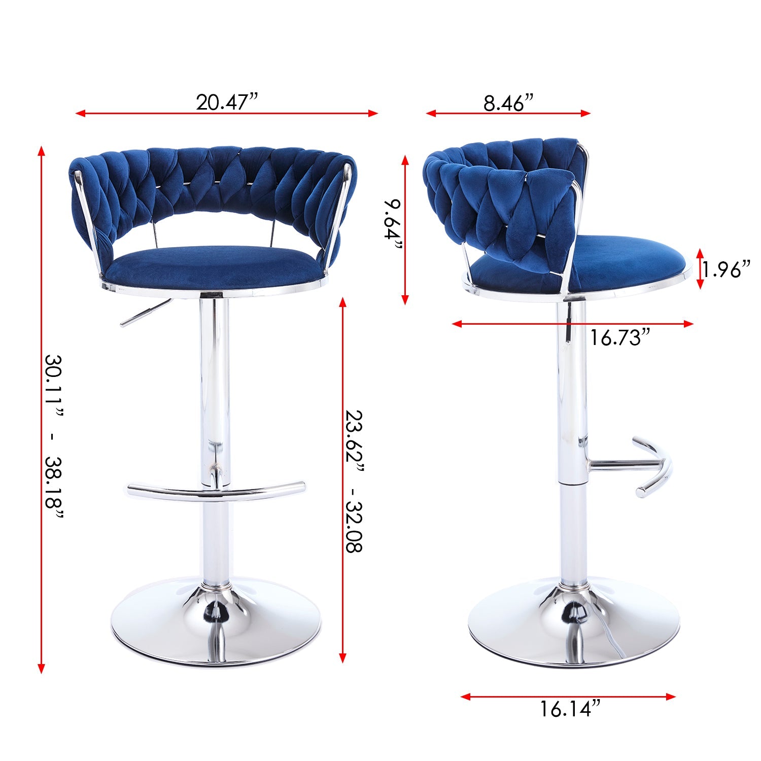 Set of 2 Bar Stools,with Chrome Footrest and Base Swivel Height Adjustable Mechanical Lifting Velvet + Chrome Leg Simple Bar Stool - BLUE - 1st Choice Furniture Direct