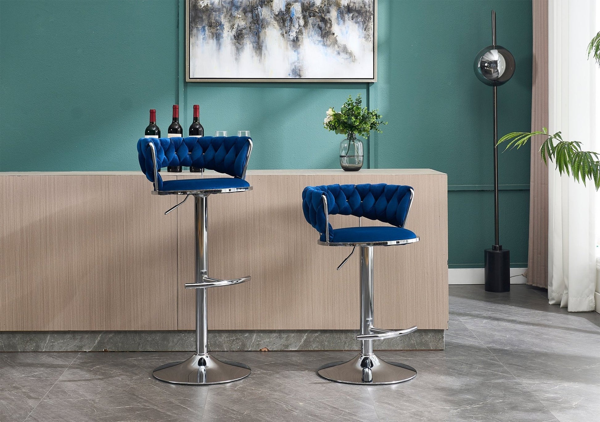 Set of 2 Bar Stools,with Chrome Footrest and Base Swivel Height Adjustable Mechanical Lifting Velvet + Chrome Leg Simple Bar Stool - BLUE - 1st Choice Furniture Direct