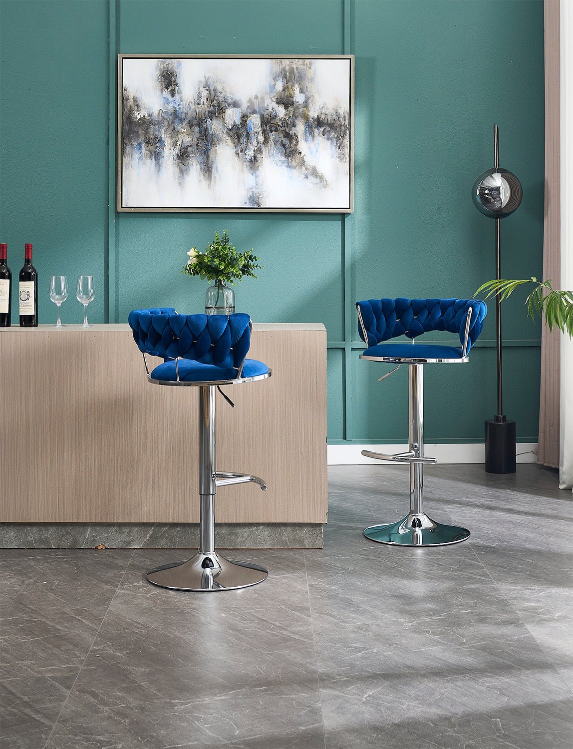 Set of 2 Bar Stools,with Chrome Footrest and Base Swivel Height Adjustable Mechanical Lifting Velvet + Chrome Leg Simple Bar Stool - BLUE - 1st Choice Furniture Direct