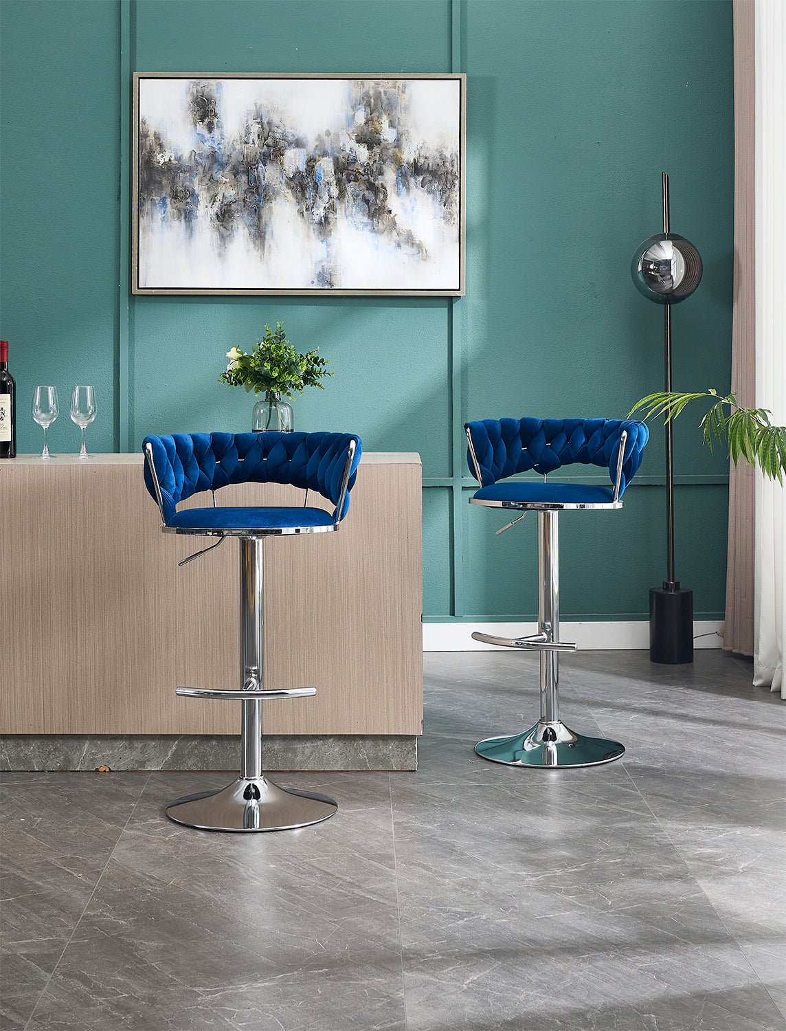 Set of 2 Bar Stools,with Chrome Footrest and Base Swivel Height Adjustable Mechanical Lifting Velvet + Chrome Leg Simple Bar Stool - BLUE - 1st Choice Furniture Direct