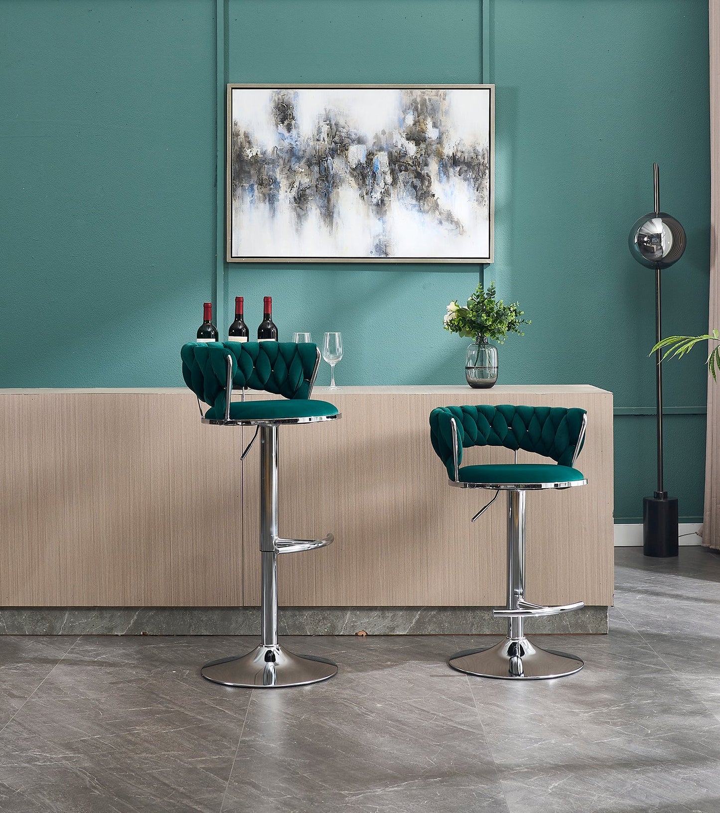 Set of 2 Bar Stools,with Chrome Footrest and Base Swivel Height Adjustable Mechanical Lifting Velvet + Chrome Leg Simple Bar Stool - GREEN - 1st Choice Furniture Direct