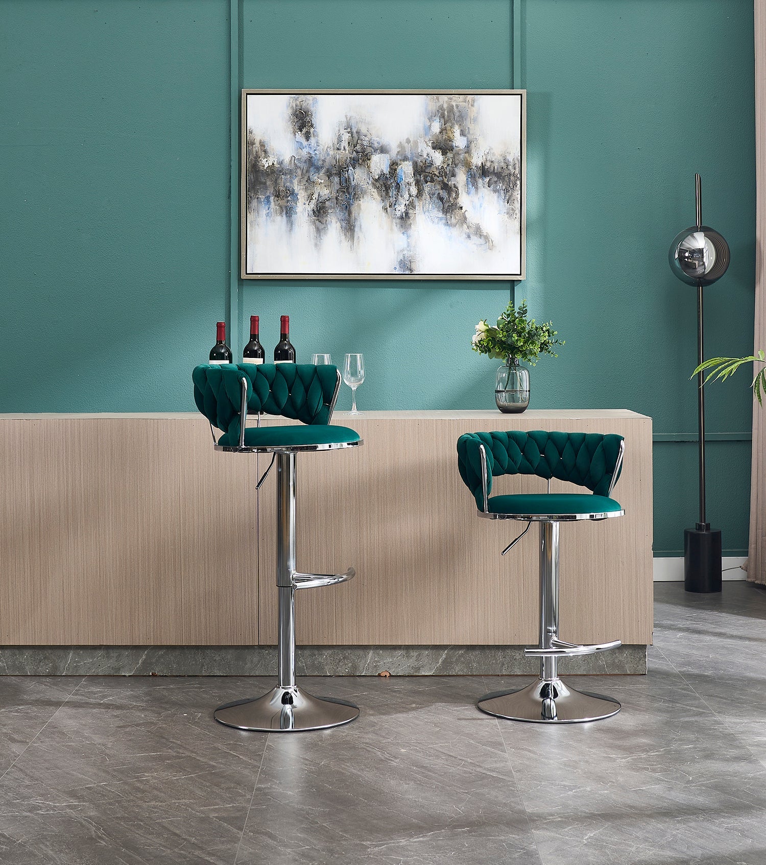 Set of 2 Bar Stools,with Chrome Footrest and Base Swivel Height Adjustable Mechanical Lifting Velvet + Chrome Leg Simple Bar Stool - GREEN - 1st Choice Furniture Direct