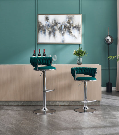 Set of 2 Bar Stools,with Chrome Footrest and Base Swivel Height Adjustable Mechanical Lifting Velvet + Chrome Leg Simple Bar Stool - GREEN - 1st Choice Furniture Direct