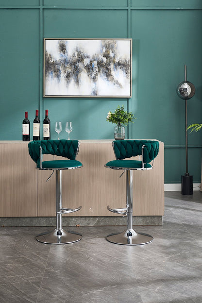 Set of 2 Bar Stools,with Chrome Footrest and Base Swivel Height Adjustable Mechanical Lifting Velvet + Chrome Leg Simple Bar Stool - GREEN - 1st Choice Furniture Direct