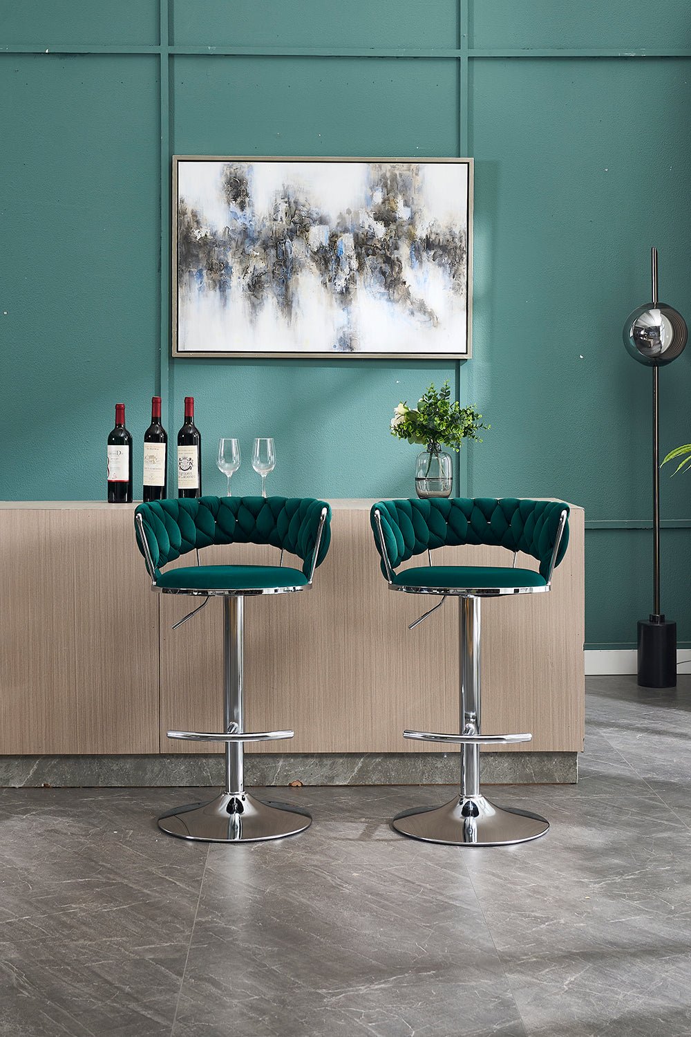 Set of 2 Bar Stools,with Chrome Footrest and Base Swivel Height Adjustable Mechanical Lifting Velvet + Chrome Leg Simple Bar Stool - GREEN - 1st Choice Furniture Direct