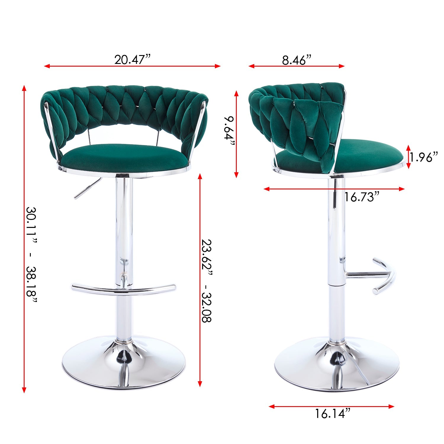 Set of 2 Bar Stools,with Chrome Footrest and Base Swivel Height Adjustable Mechanical Lifting Velvet + Chrome Leg Simple Bar Stool - GREEN - 1st Choice Furniture Direct