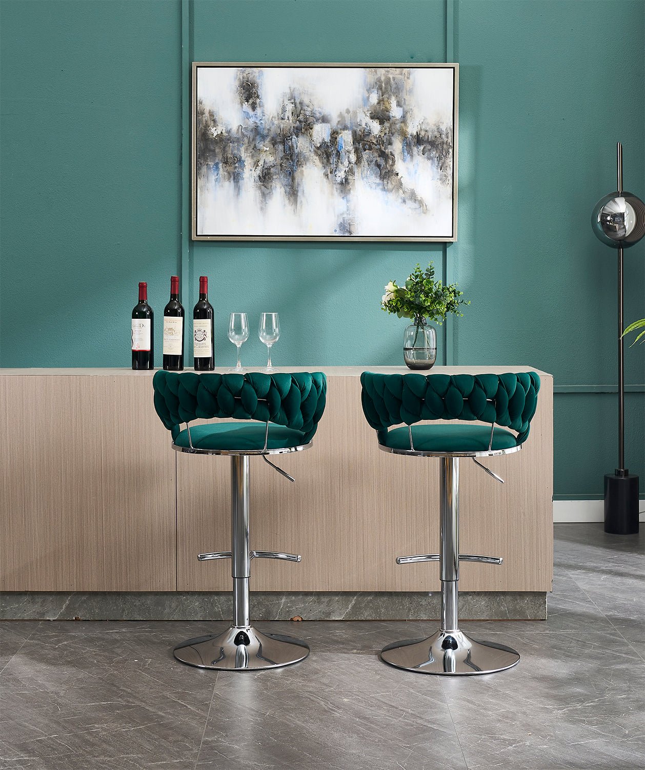 Set of 2 Bar Stools,with Chrome Footrest and Base Swivel Height Adjustable Mechanical Lifting Velvet + Chrome Leg Simple Bar Stool - GREEN - 1st Choice Furniture Direct