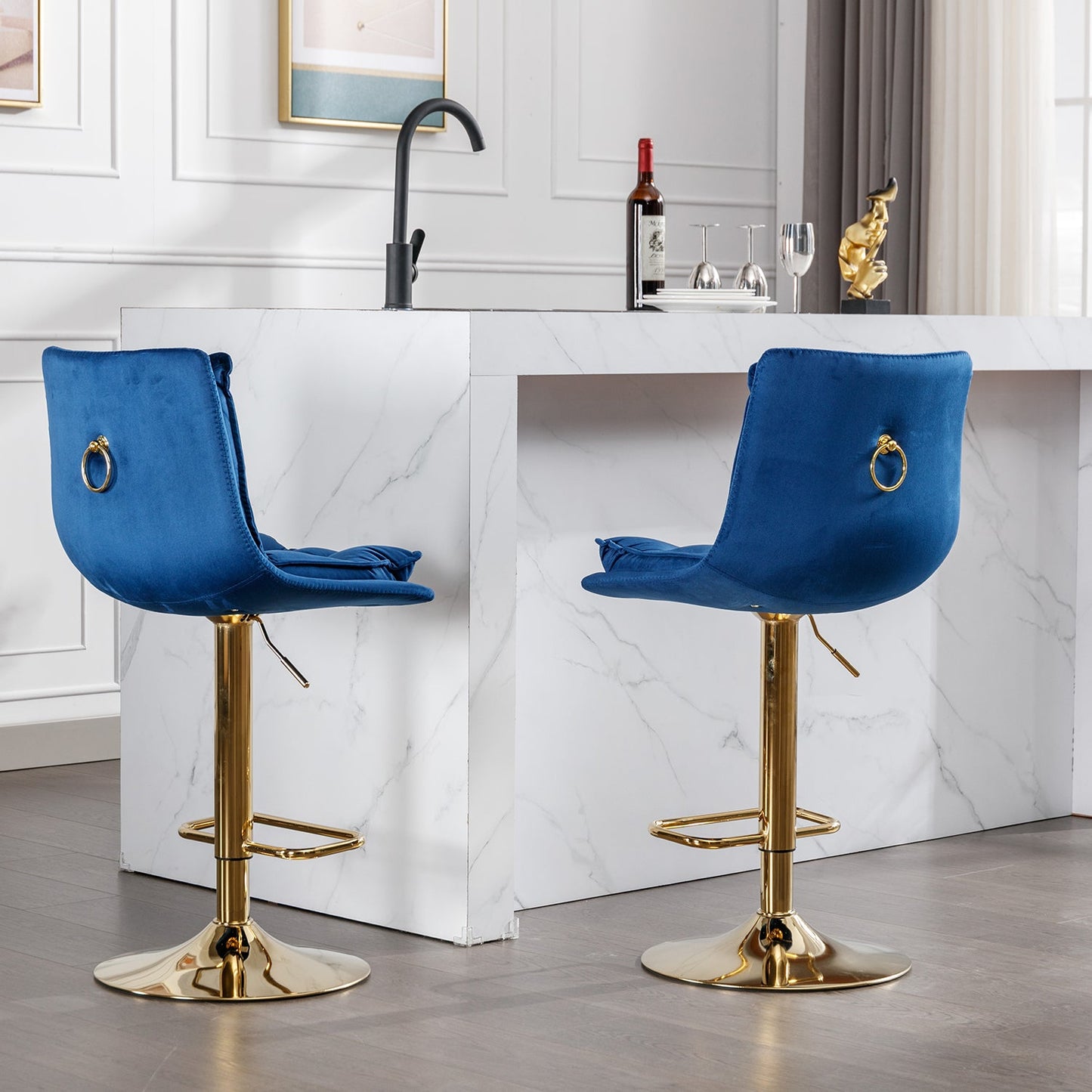 Set of 2 Bar Stools,with Chrome Footrest and Base Swivel Height Adjustable Mechanical Lifting Velvet + Golden Leg Simple Bar Stoo,blue - 1st Choice Furniture Direct