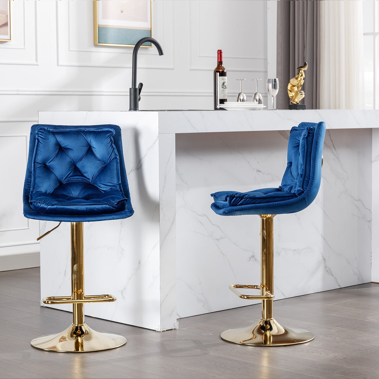 Set of 2 Bar Stools,with Chrome Footrest and Base Swivel Height Adjustable Mechanical Lifting Velvet + Golden Leg Simple Bar Stoo,blue - 1st Choice Furniture Direct