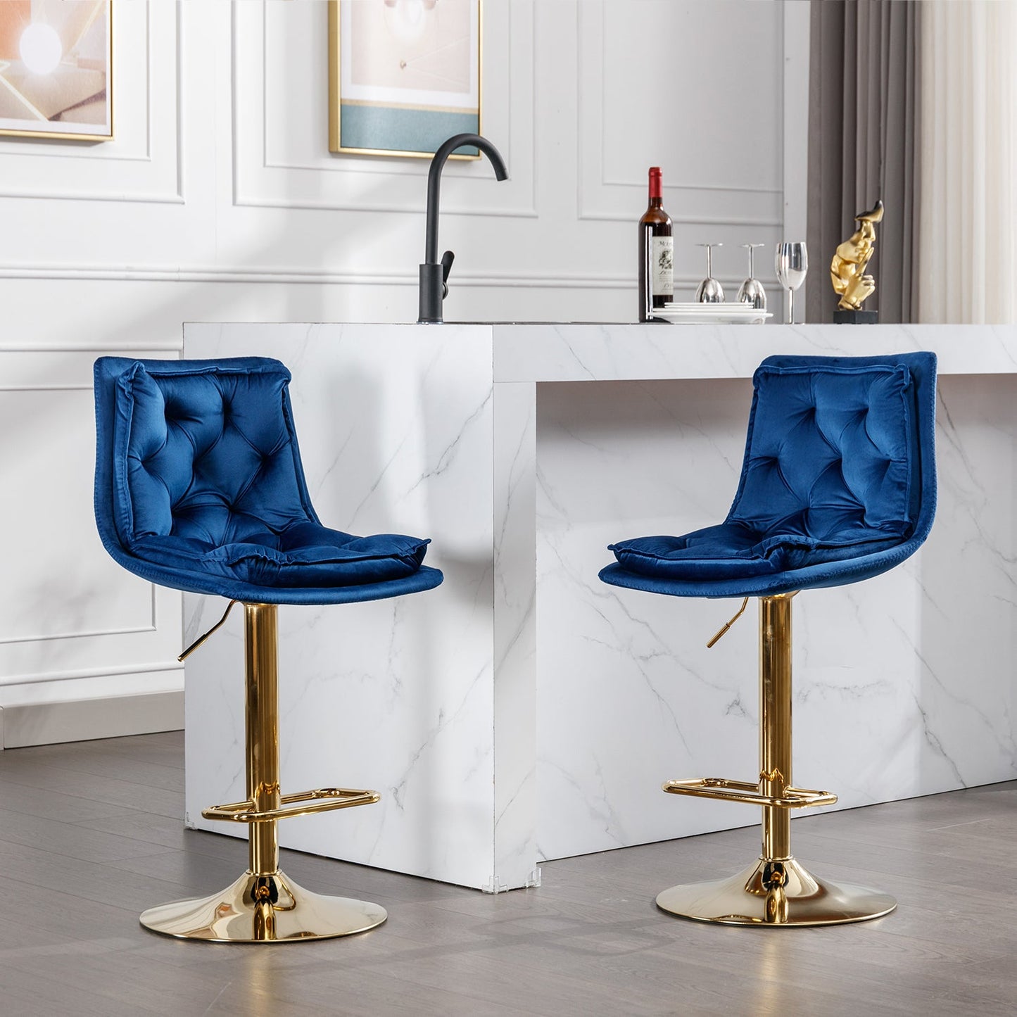 Set of 2 Bar Stools,with Chrome Footrest and Base Swivel Height Adjustable Mechanical Lifting Velvet + Golden Leg Simple Bar Stoo,blue - 1st Choice Furniture Direct