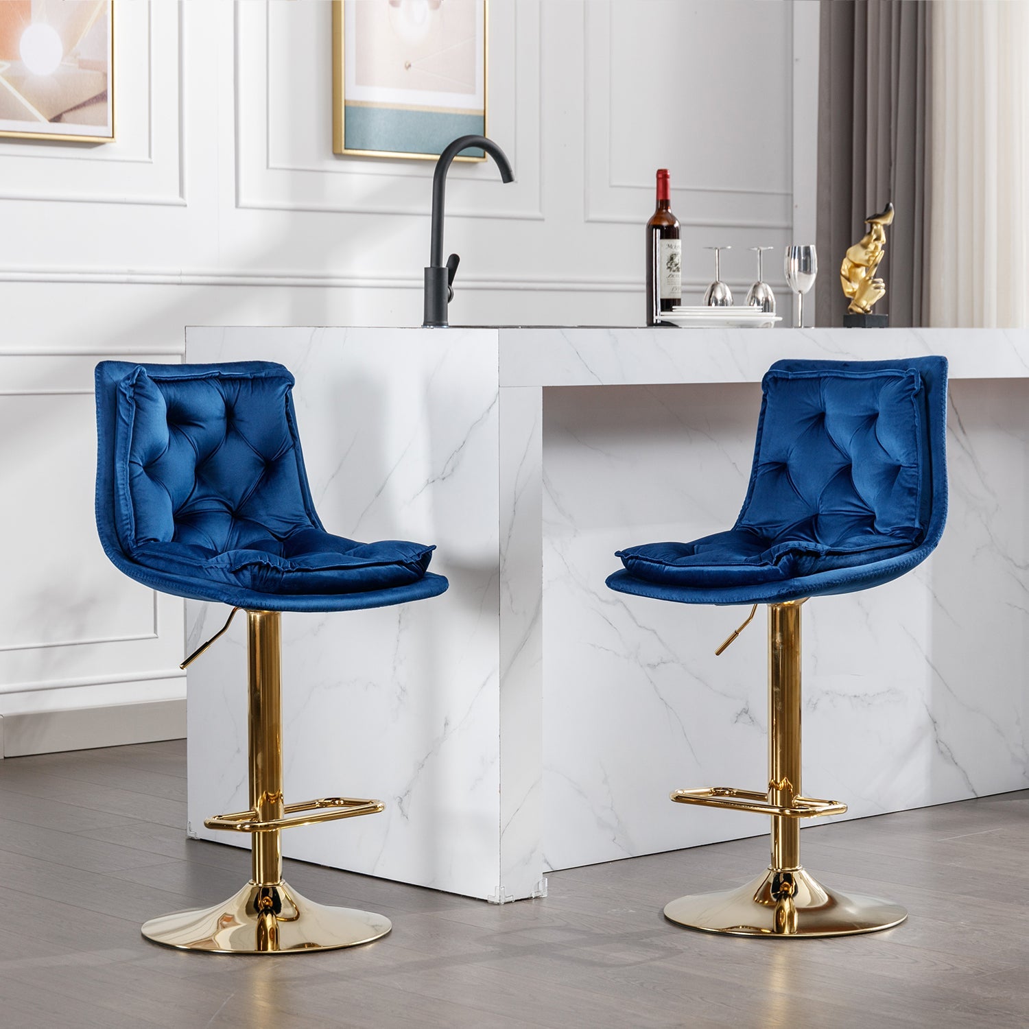 Set of 2 Bar Stools,with Chrome Footrest and Base Swivel Height Adjustable Mechanical Lifting Velvet + Golden Leg Simple Bar Stoo,blue - 1st Choice Furniture Direct